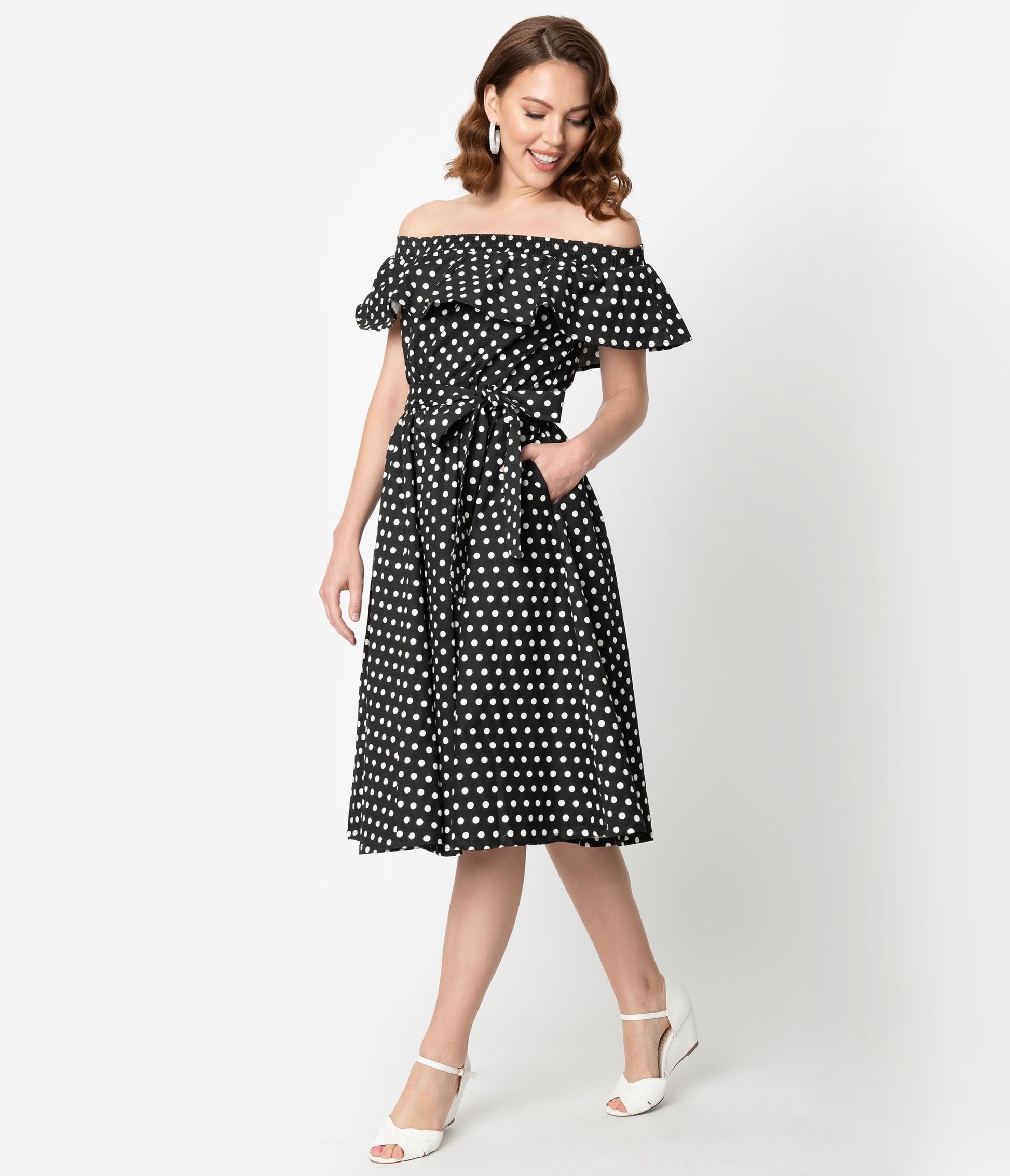 Unique Vintage Black & White Polka Dot Off Shoulder Ruffle Nashville Swing Dress
