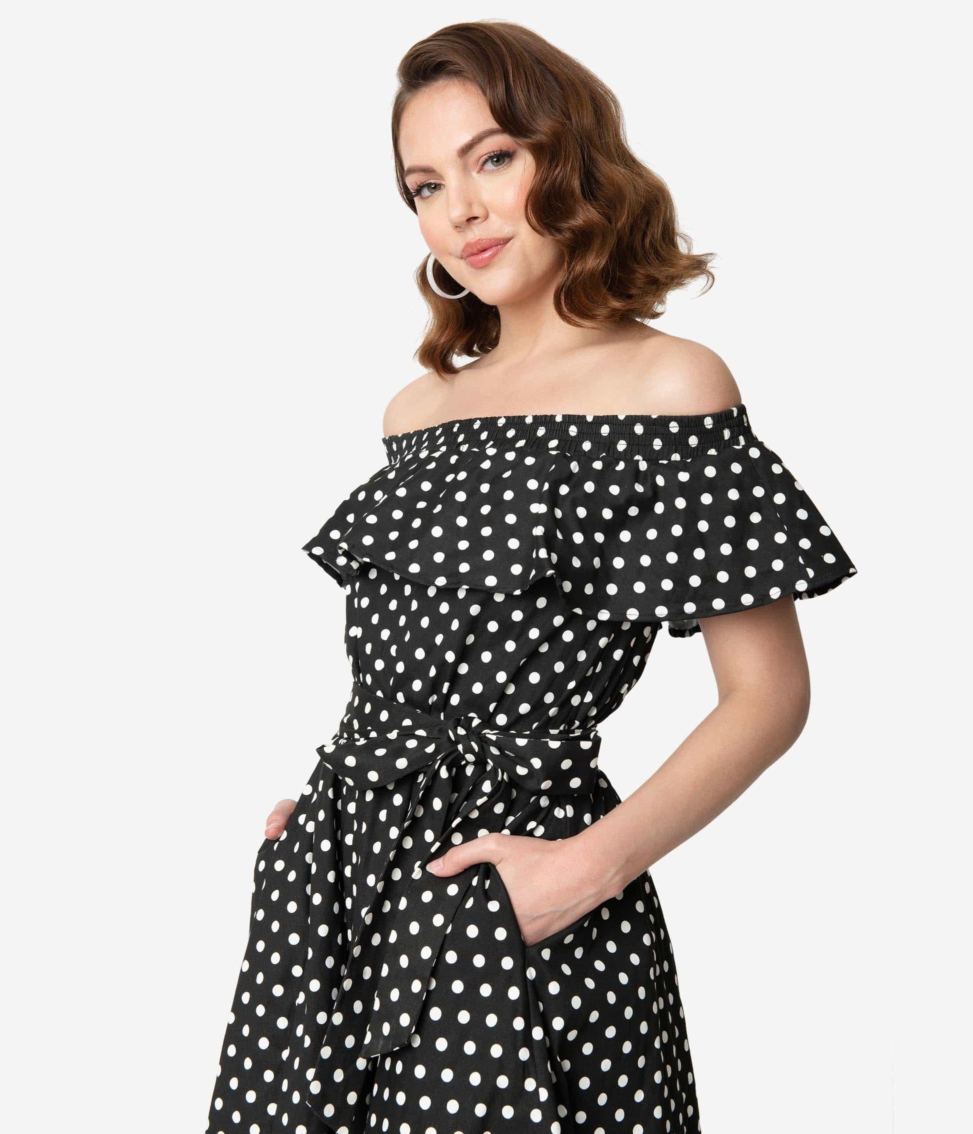 Unique Vintage Black & White Polka Dot Off Shoulder Ruffle Nashville Swing Dress
