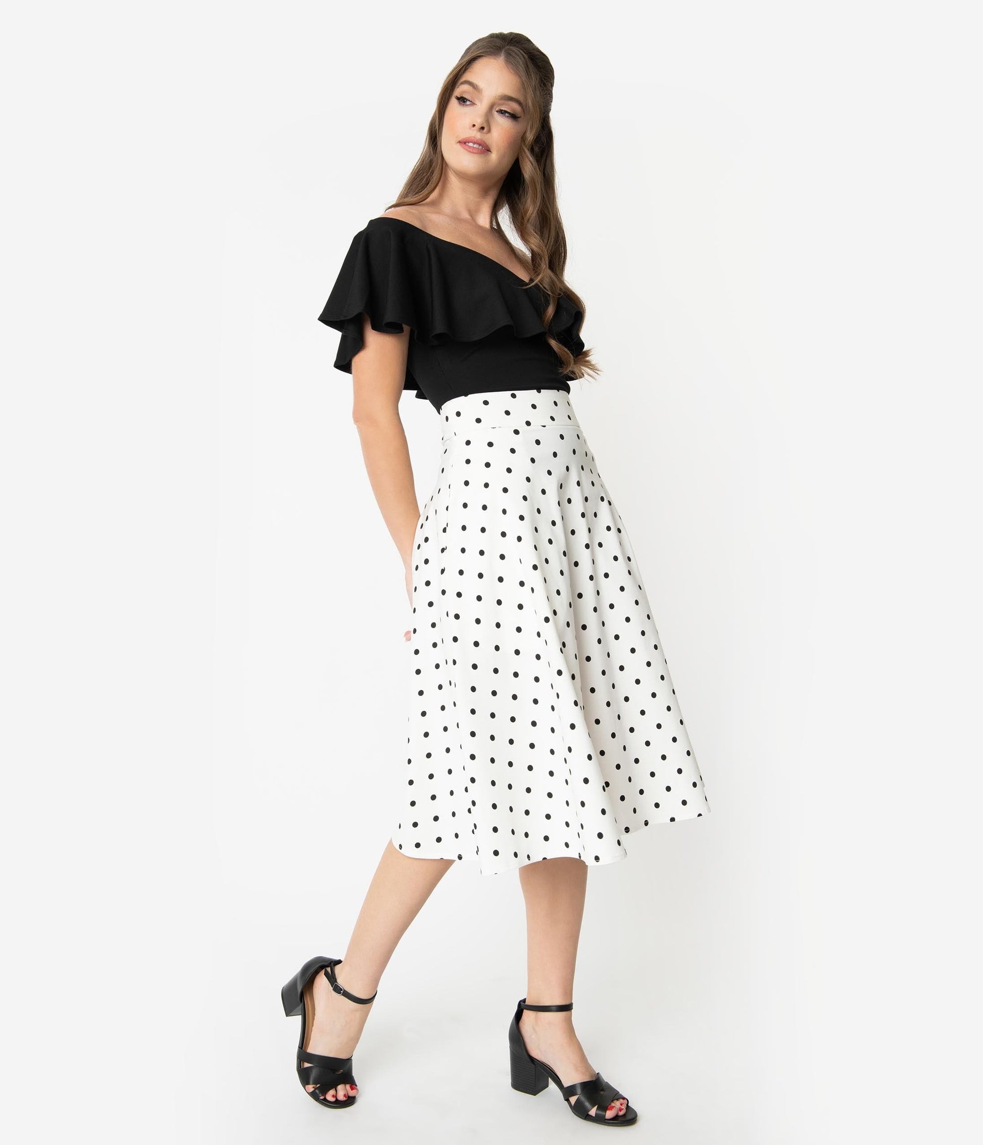 Unique Vintage Retro Style White & Black Polka Dot High Waist Vivien Swing Skirt