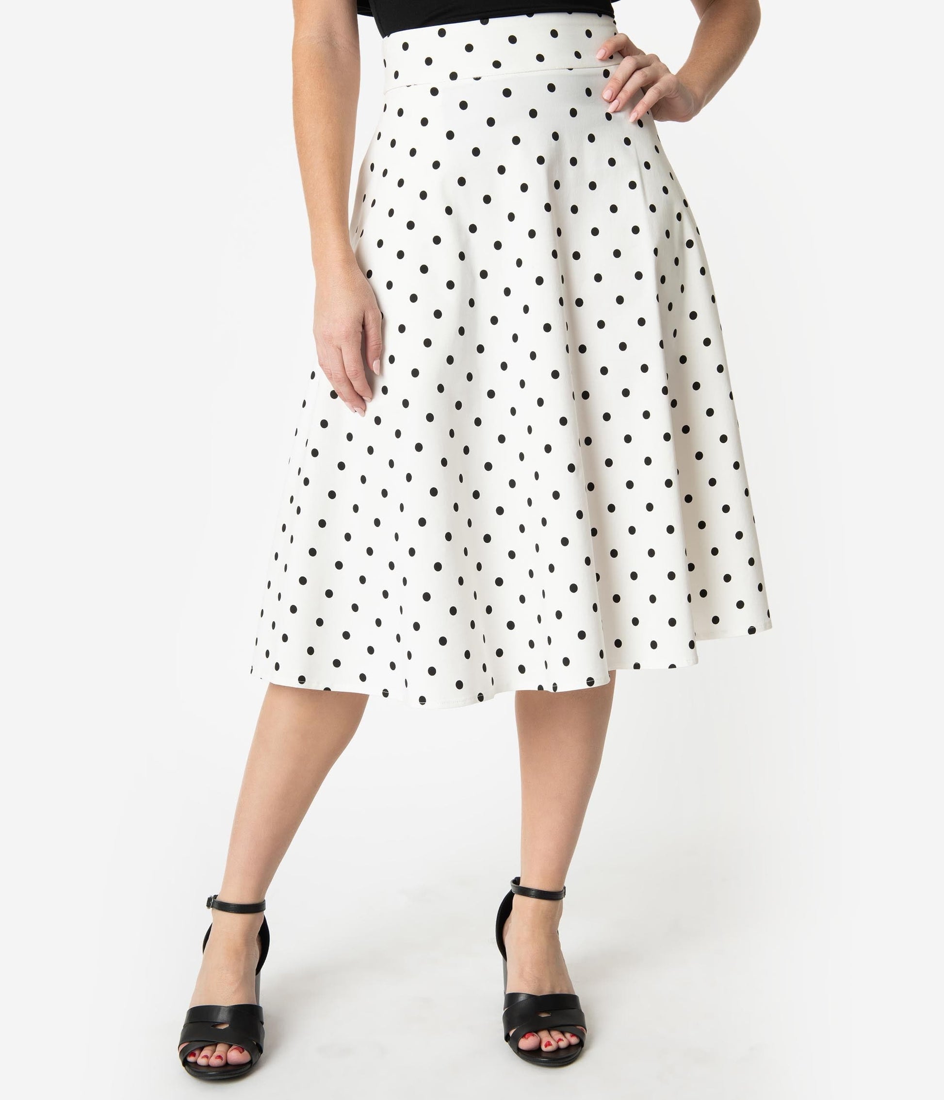 Unique Vintage Retro Style White & Black Polka Dot High Waist Vivien Swing Skirt