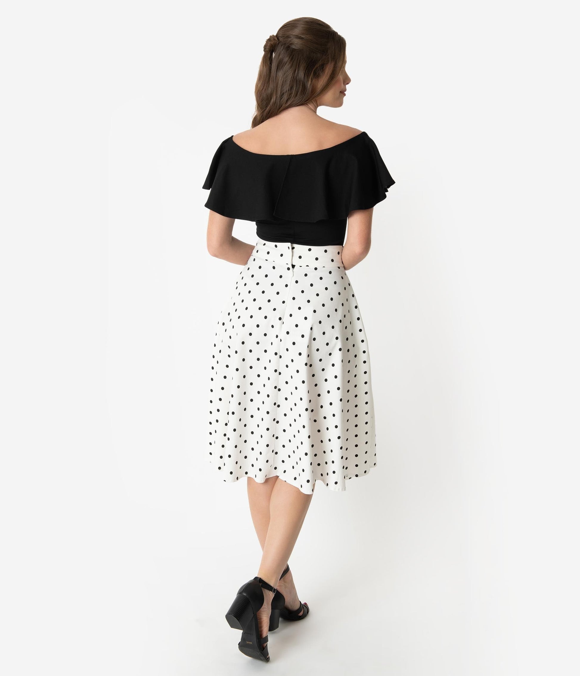 Unique Vintage Retro Style White & Black Polka Dot High Waist Vivien Swing Skirt