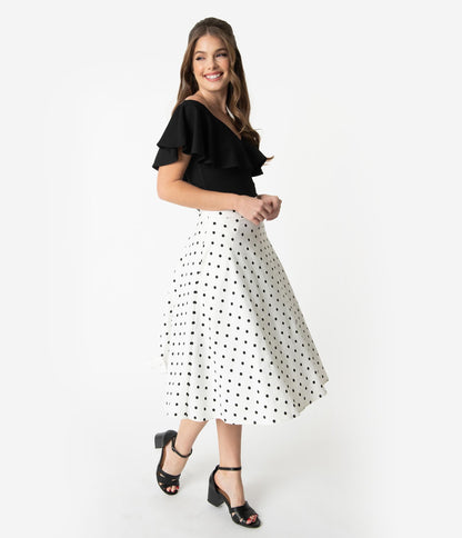 Unique Vintage Retro Style White & Black Polka Dot High Waist Vivien Swing Skirt