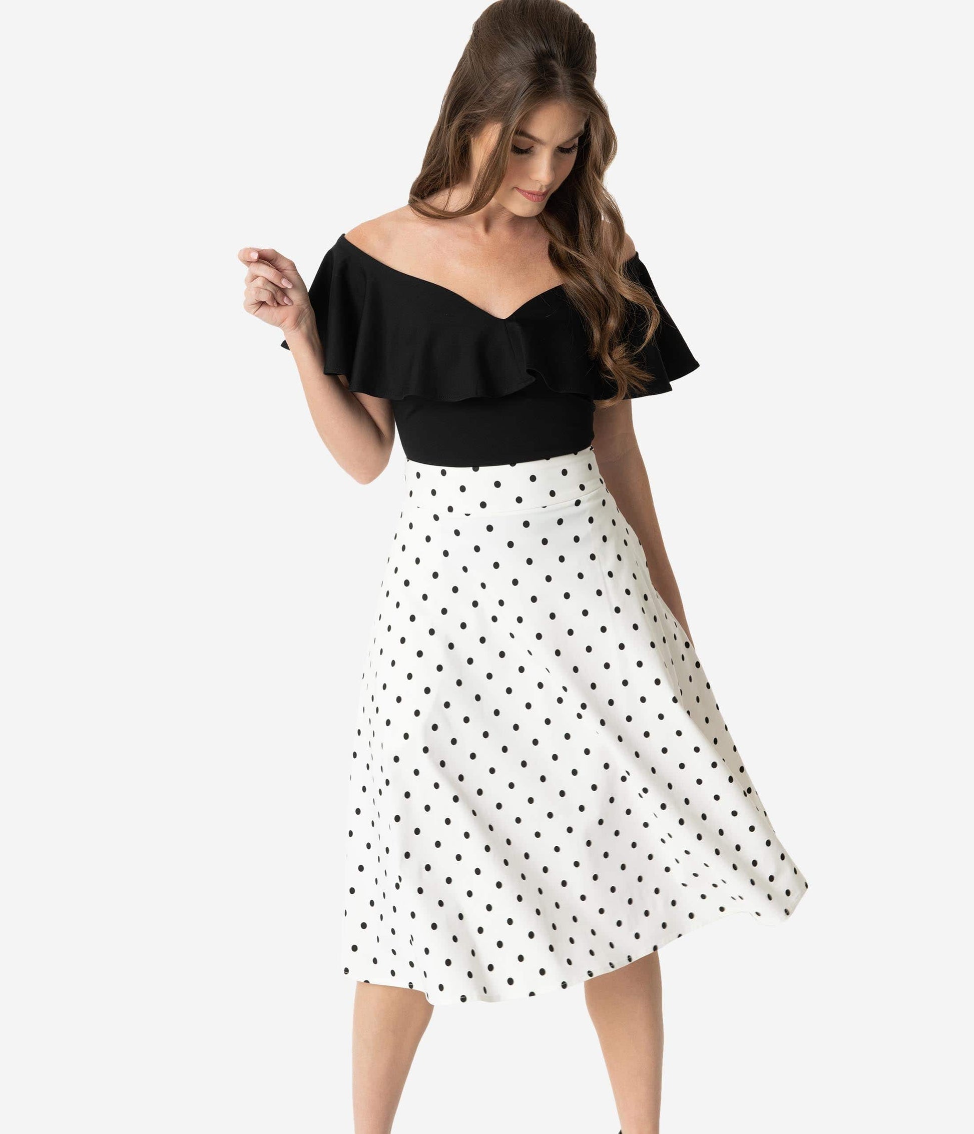 Unique Vintage Retro Style White & Black Polka Dot High Waist Vivien Swing Skirt