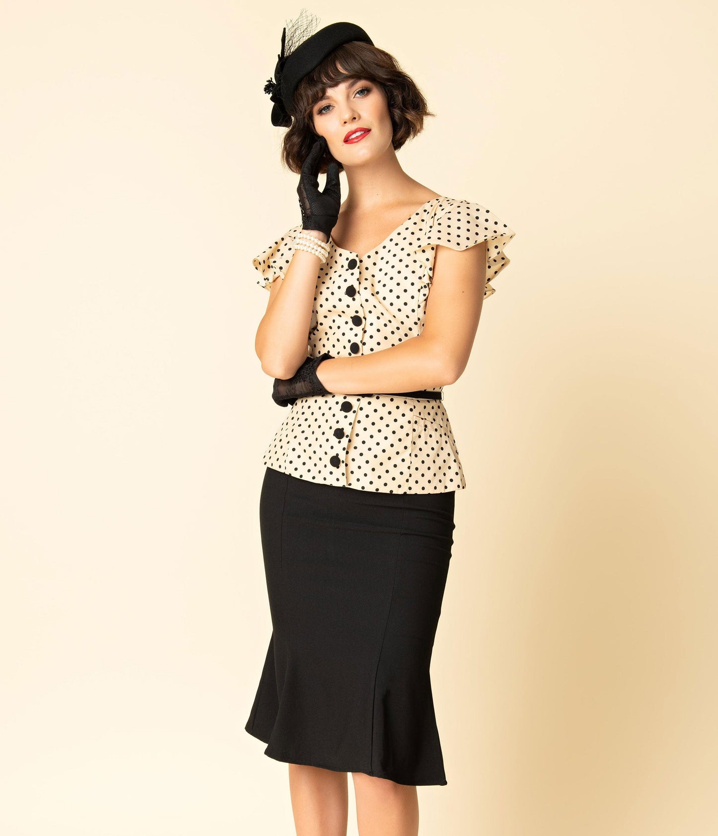 Unique Vintage 1940s Style Cream & Black Dotted Ivy Suit Dress