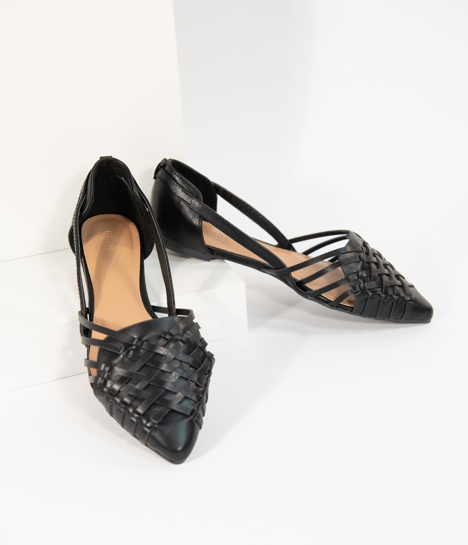 Black Woven Leatherette Pointed Toe Flats