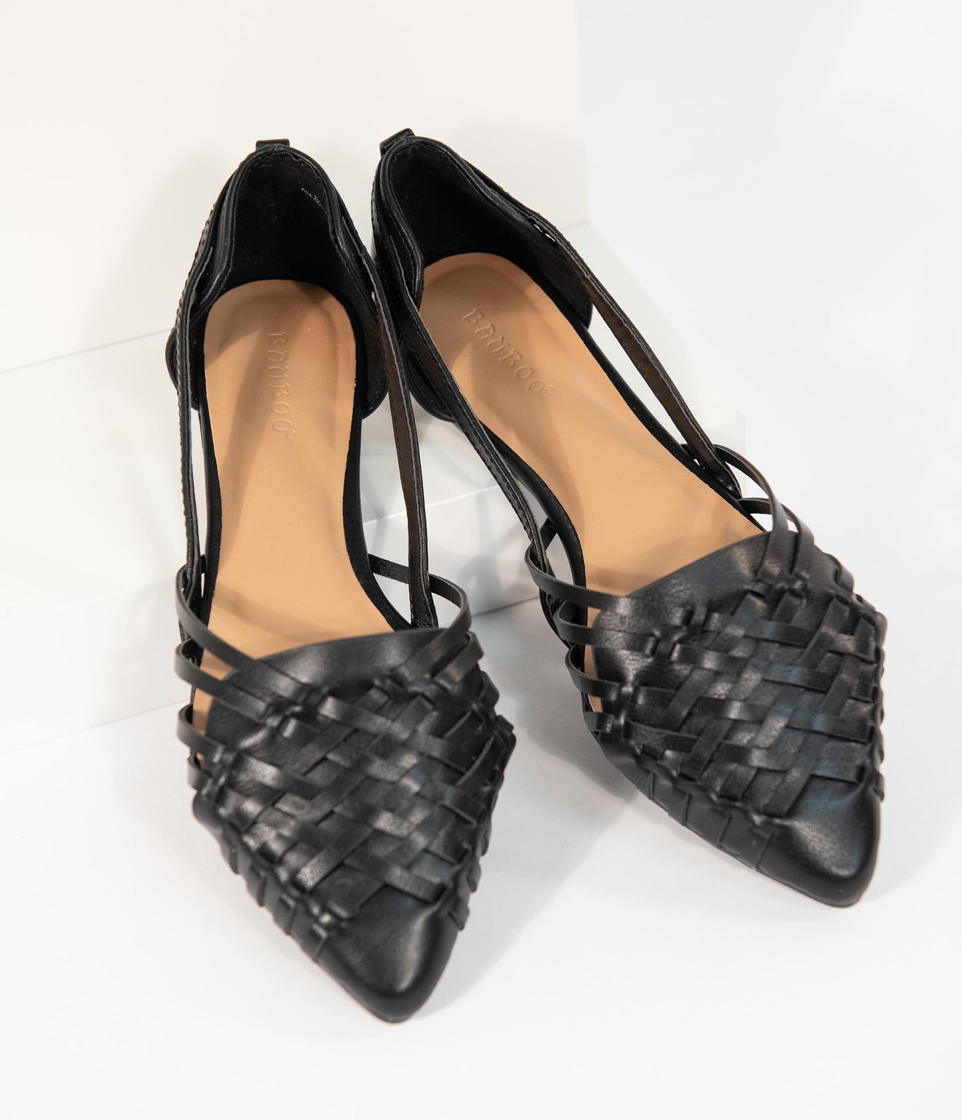Black Woven Leatherette Pointed Toe Flats