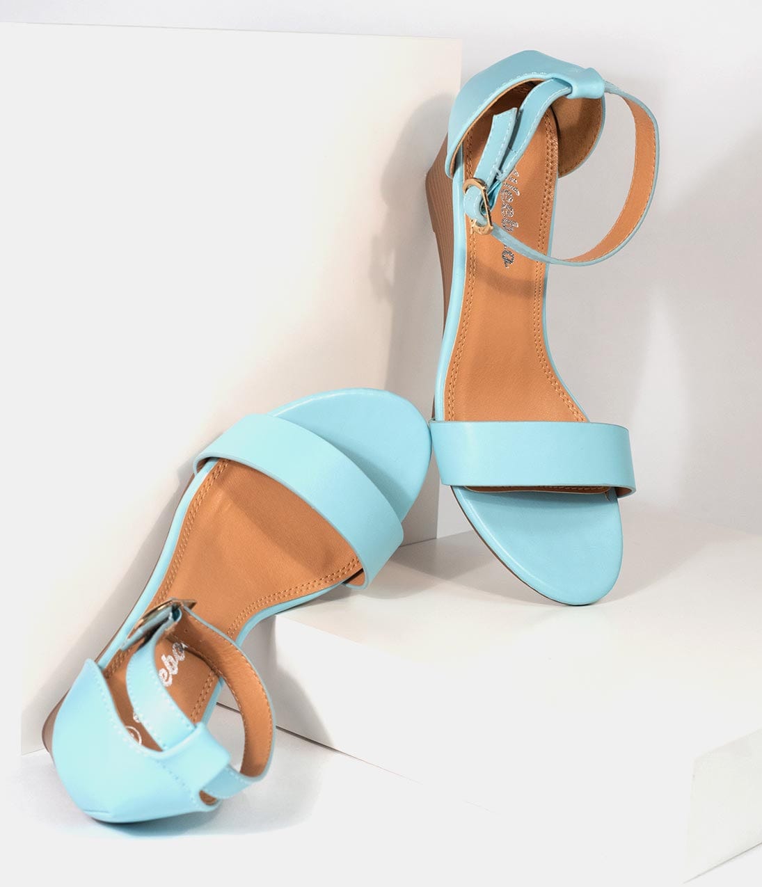 Retro Style Sky Blue Leatherette Wedge Sandal