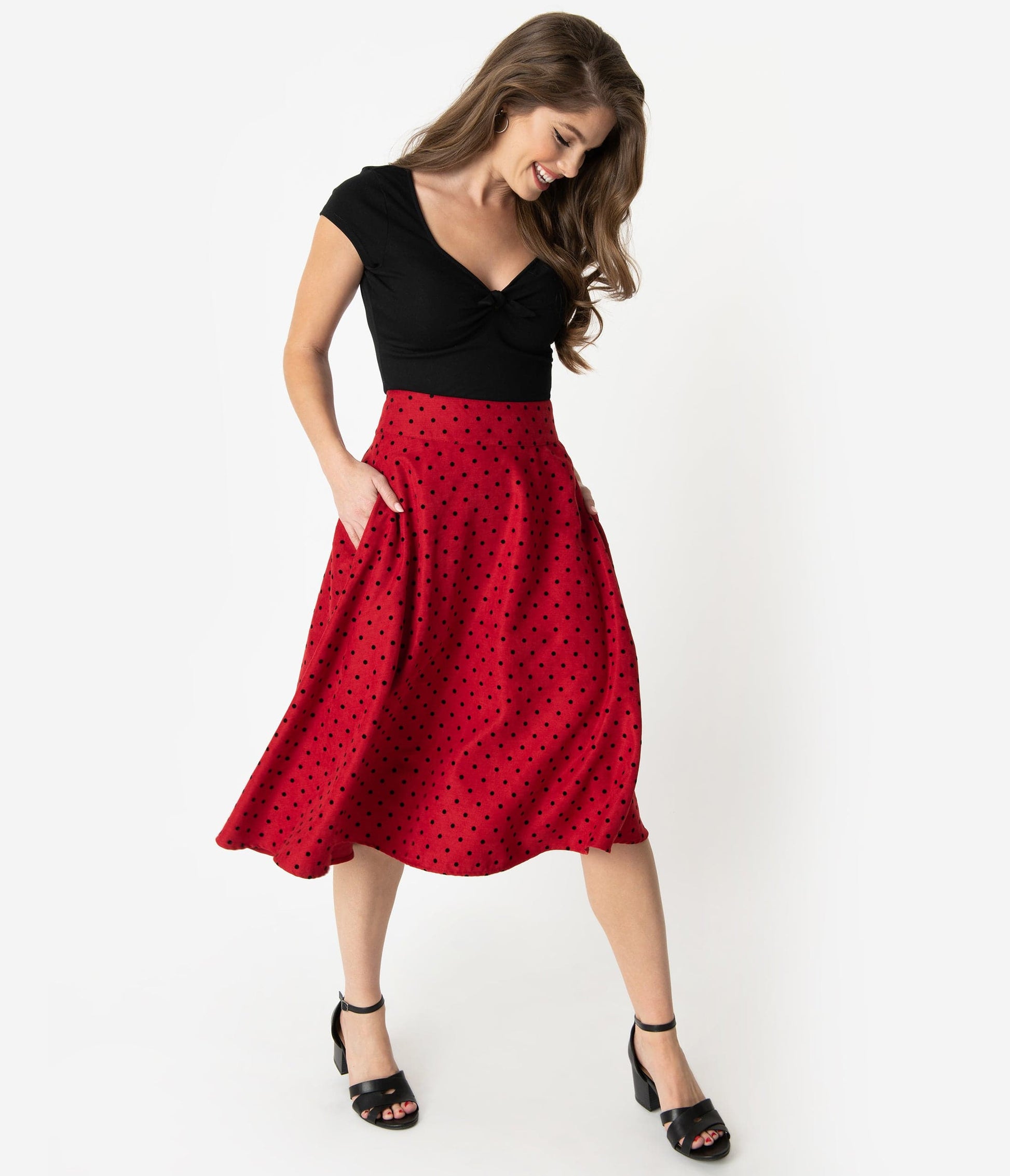 Unique Vintage Retro Style Red & Black Polka Dot High Waist Vivien Swing Skirt
