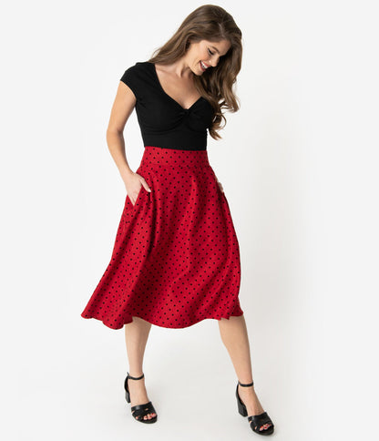 Unique Vintage Retro Style Red & Black Polka Dot High Waist Vivien Swing Skirt