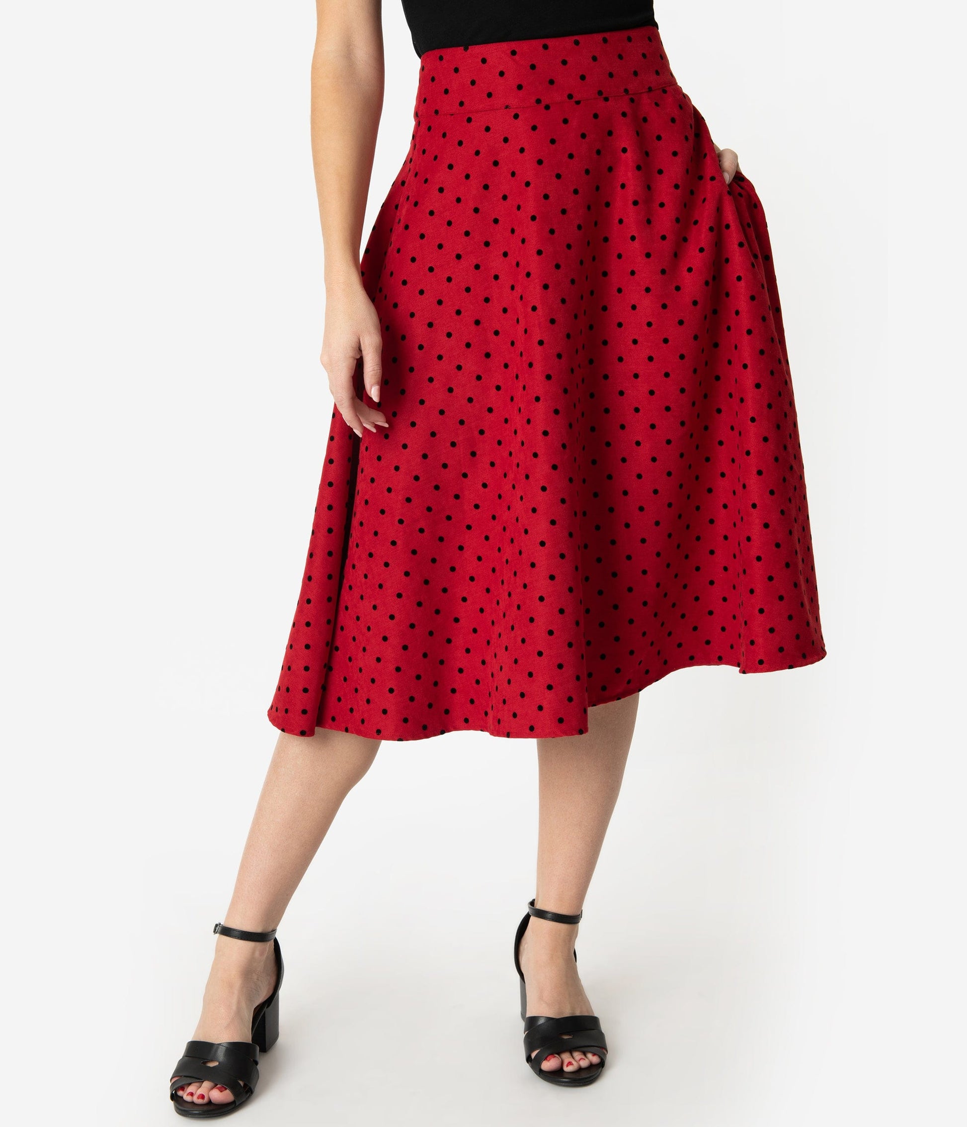 Unique Vintage Retro Style Red & Black Polka Dot High Waist Vivien Swing Skirt