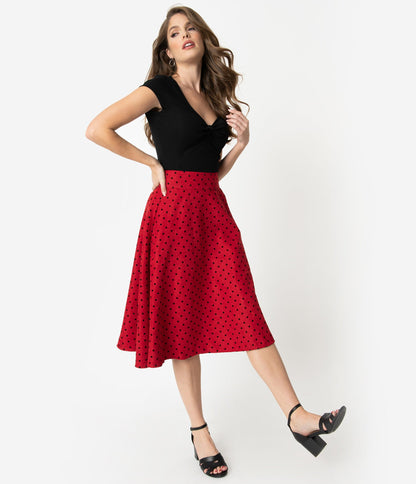 Unique Vintage Retro Style Red & Black Polka Dot High Waist Vivien Swing Skirt