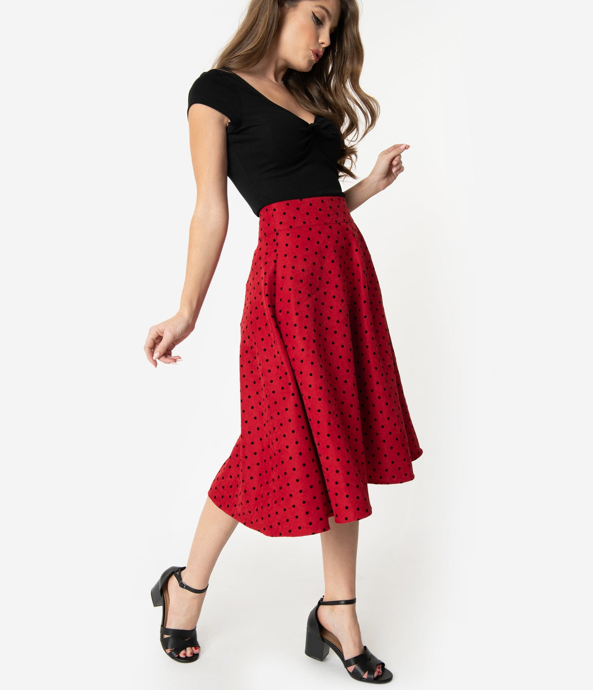 Unique Vintage Retro Style Red & Black Polka Dot High Waist Vivien Swing Skirt