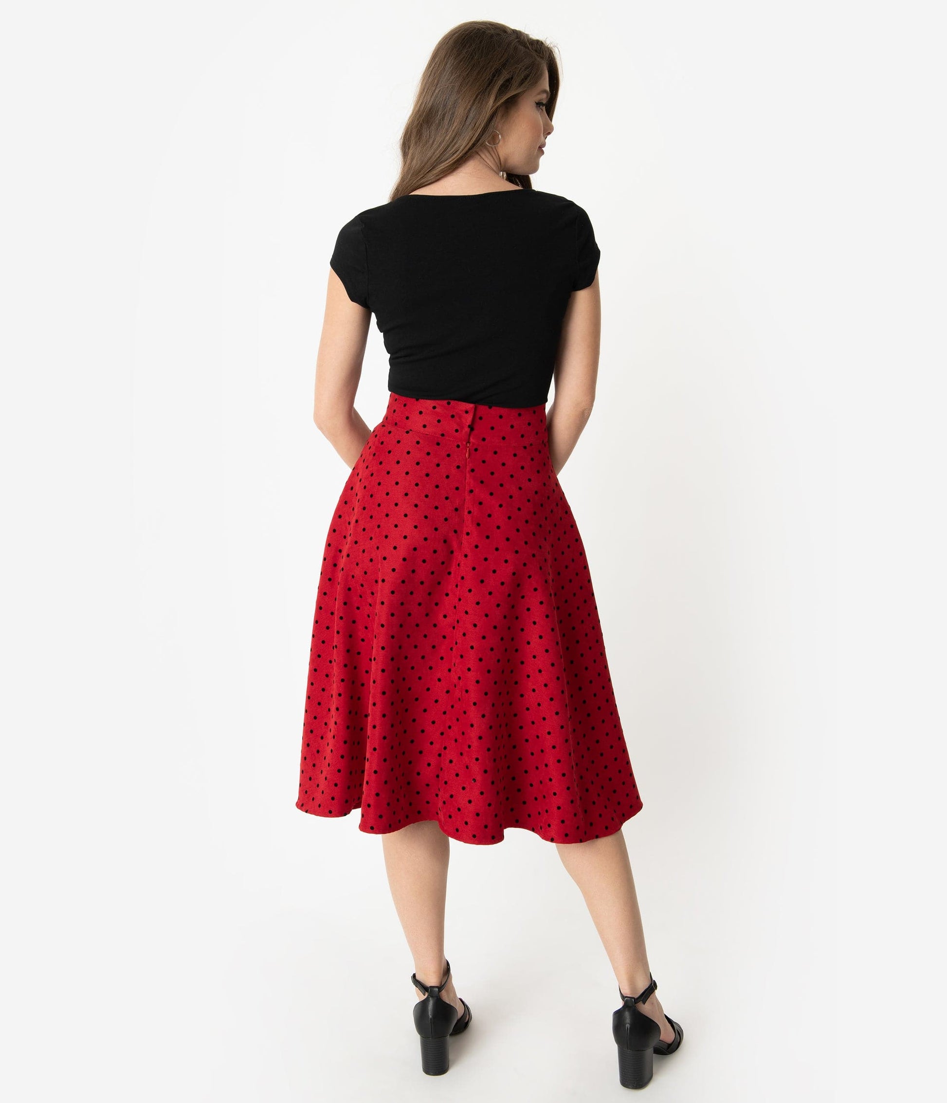 Unique Vintage Retro Style Red & Black Polka Dot High Waist Vivien Swing Skirt