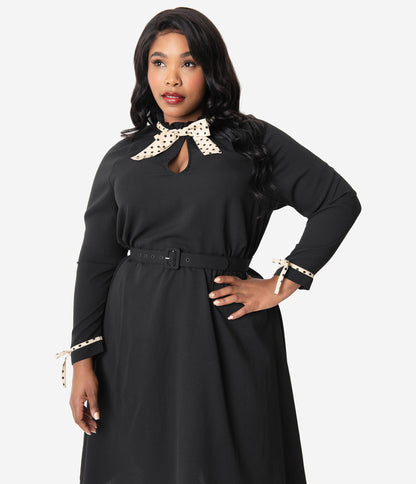 Unique Vintage Plus Size 1950s Style Black & Tan Dotted High Neck Vandella Swing Dress