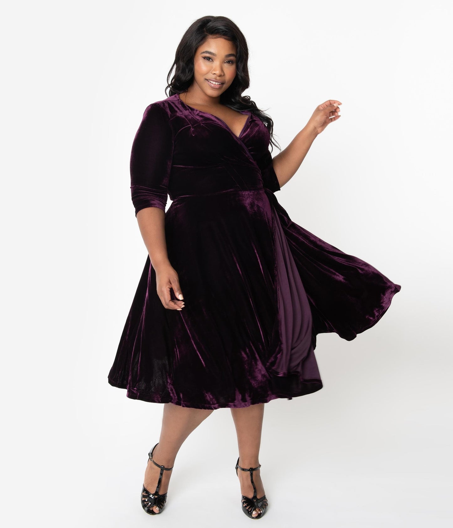 Unique Vintage Plus Size 1940s Style Eggplant Purple Velvet Kelsie Wrap Dress