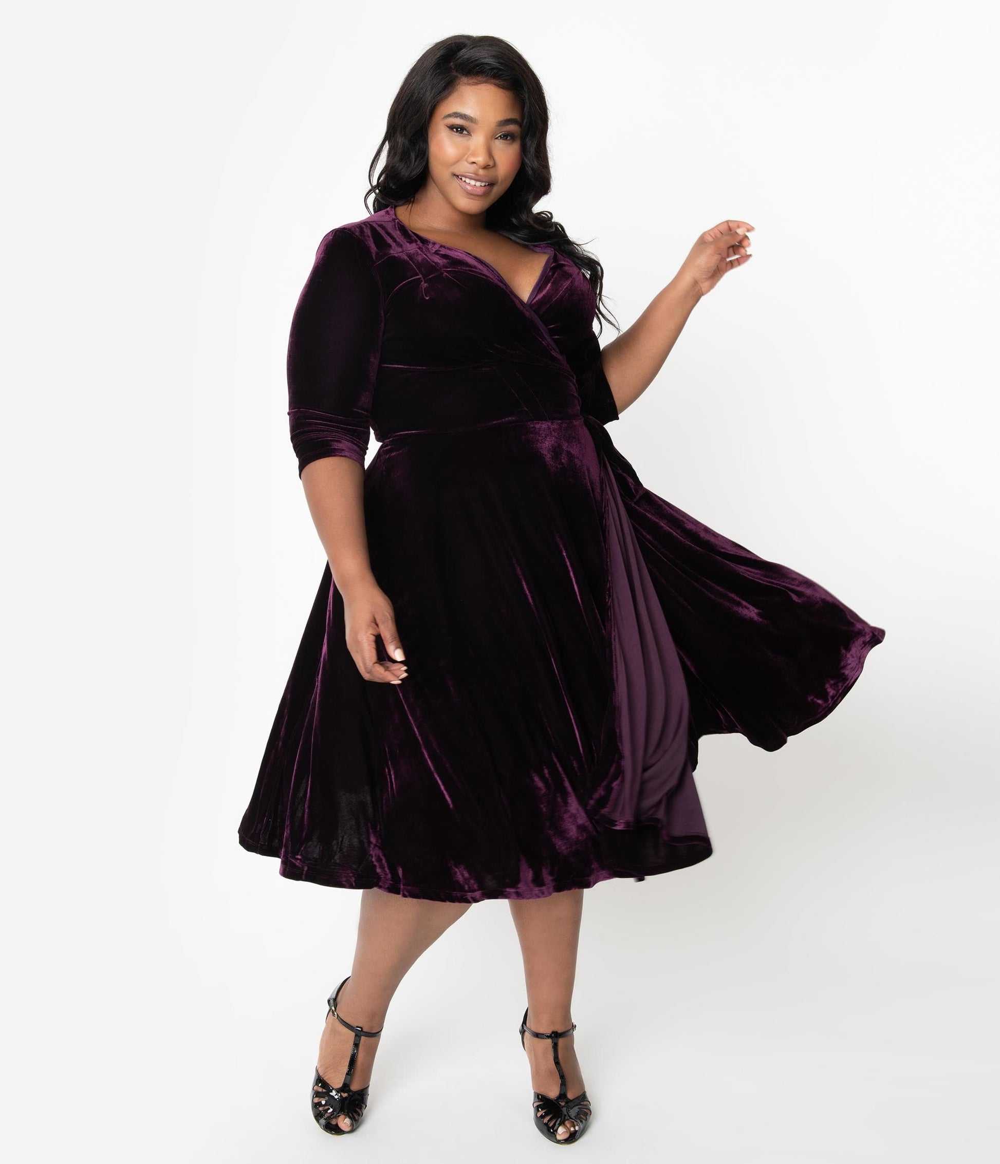 Unique Vintage Plus Size 1940s Style Eggplant Purple Velvet Kelsie Wrap Dress