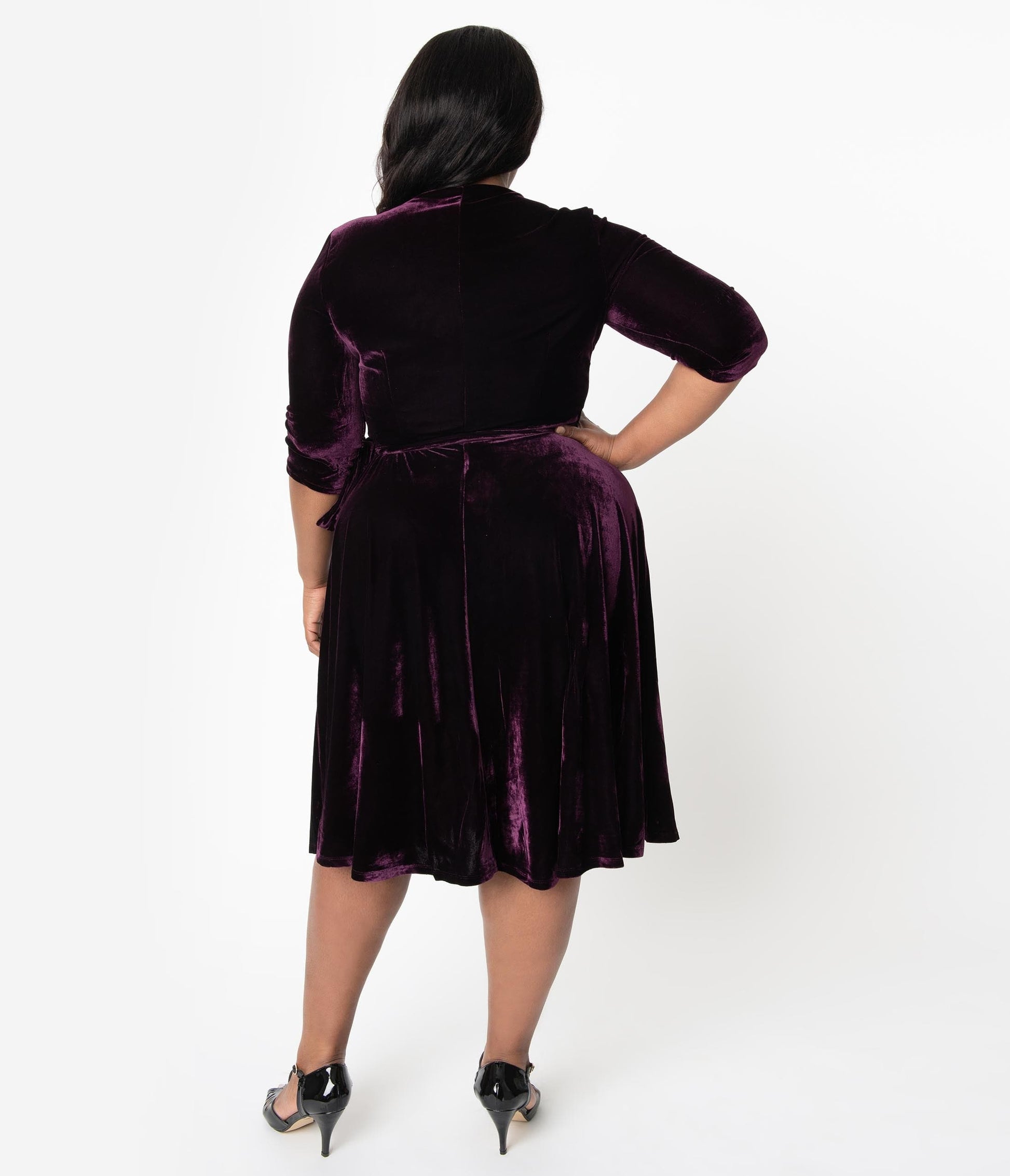 Unique Vintage Plus Size 1940s Style Eggplant Purple Velvet Kelsie Wrap Dress