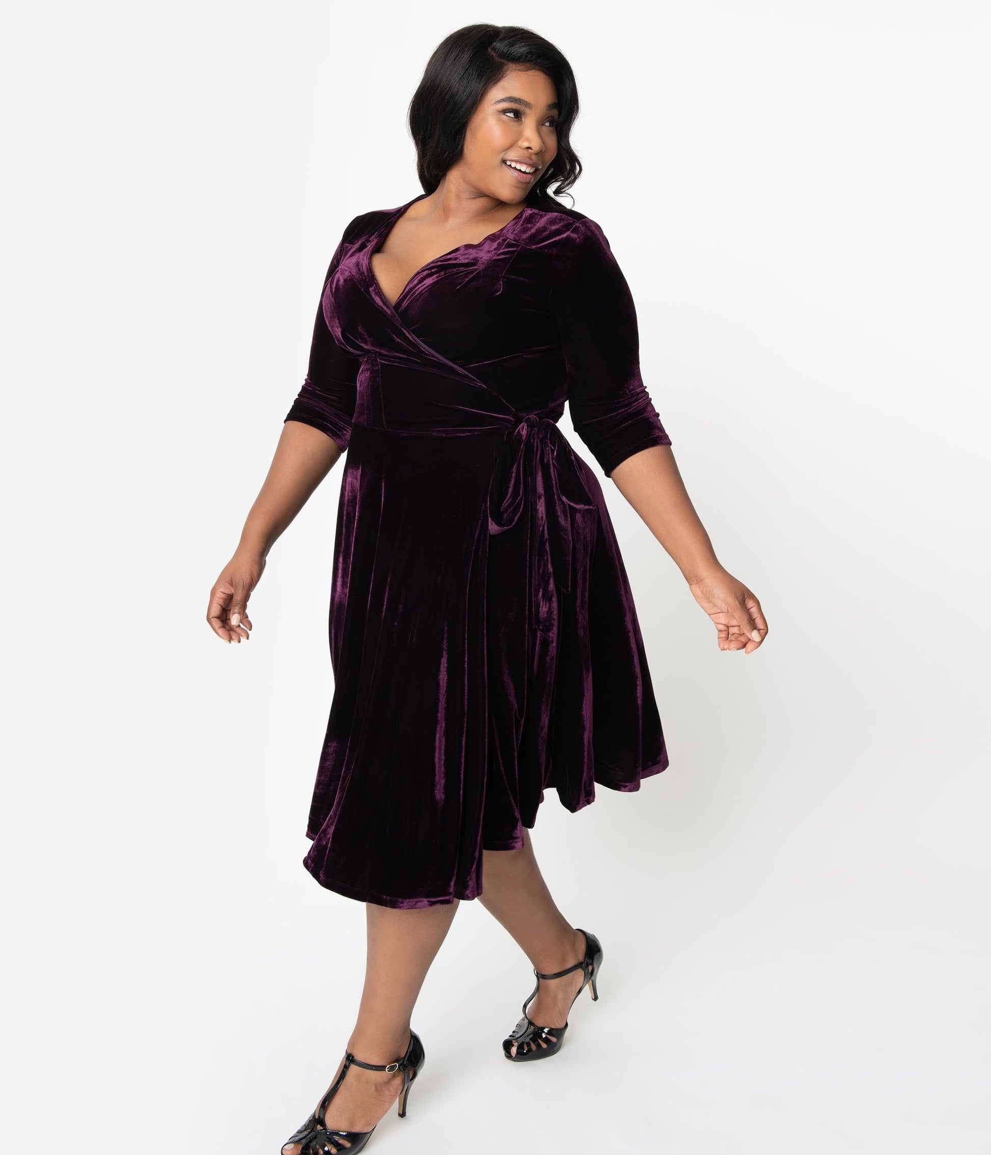 Unique Vintage Plus Size 1940s Style Eggplant Purple Velvet Kelsie Wrap Dress
