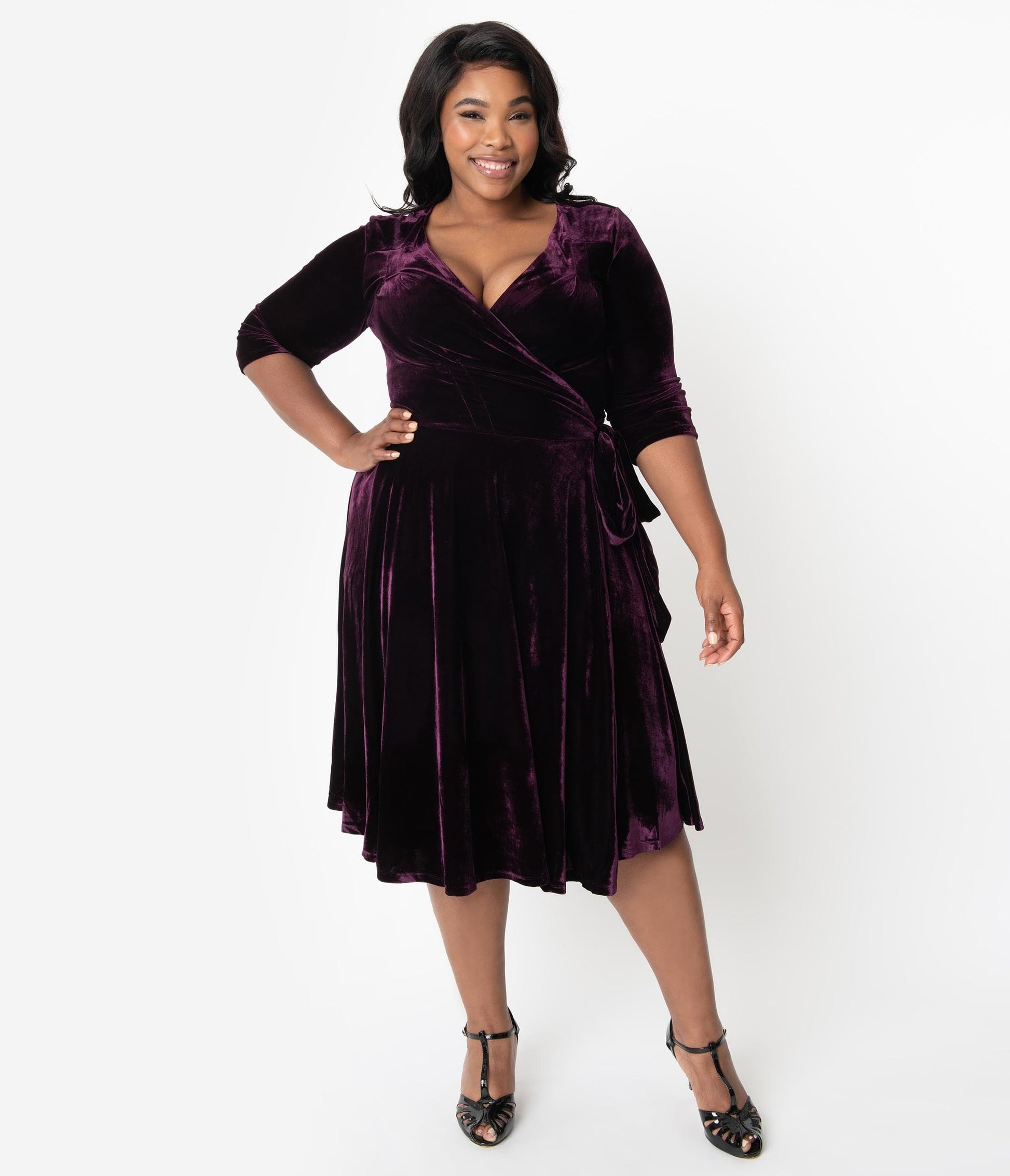 Unique Vintage Plus Size 1940s Style Eggplant Purple Velvet Kelsie Wrap Dress