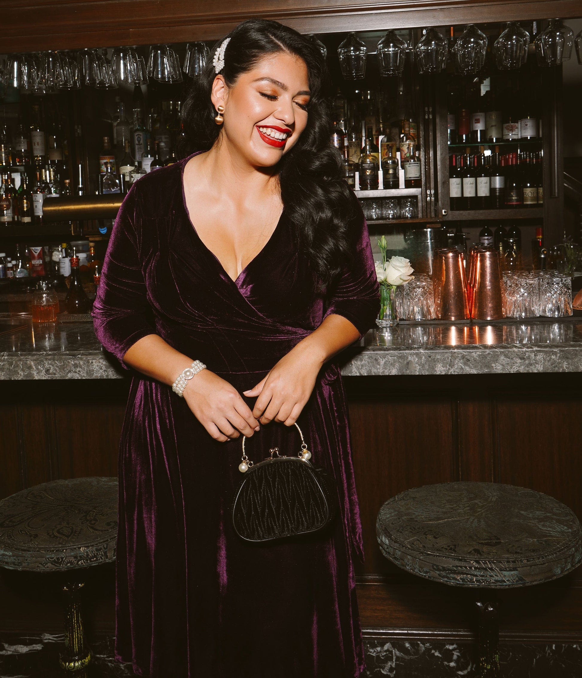 Unique Vintage Plus Size 1940s Style Eggplant Purple Velvet Kelsie Wrap Dress