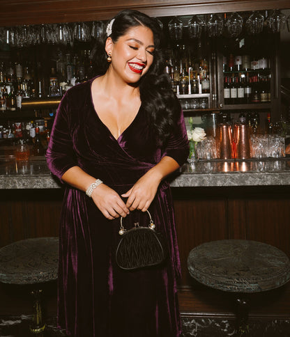 Unique Vintage Plus Size 1940s Style Eggplant Purple Velvet Kelsie Wrap Dress