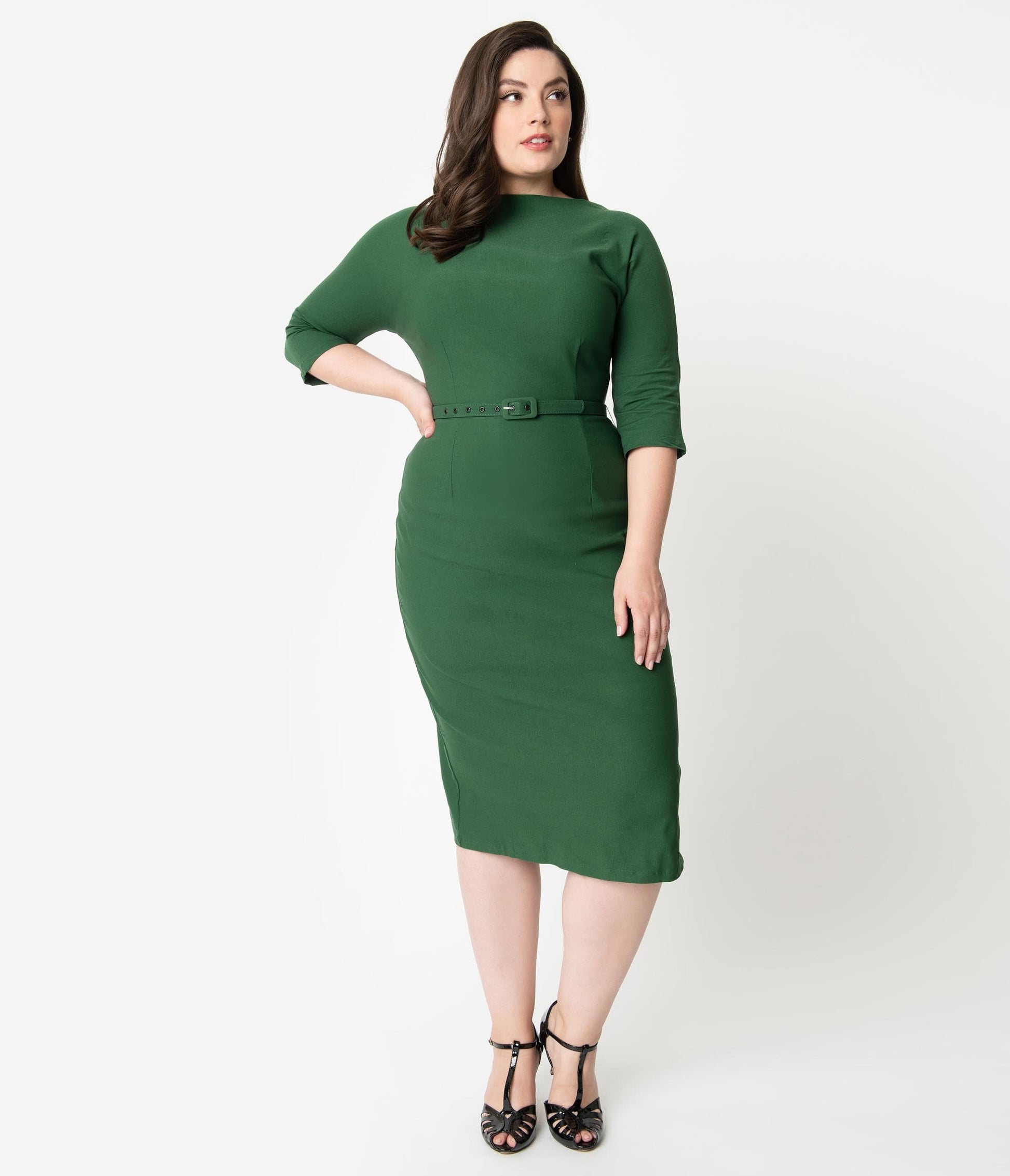 Unique Vintage Plus Size 1940s Style Green Stretch Sleeved Adelia Wiggle Dress