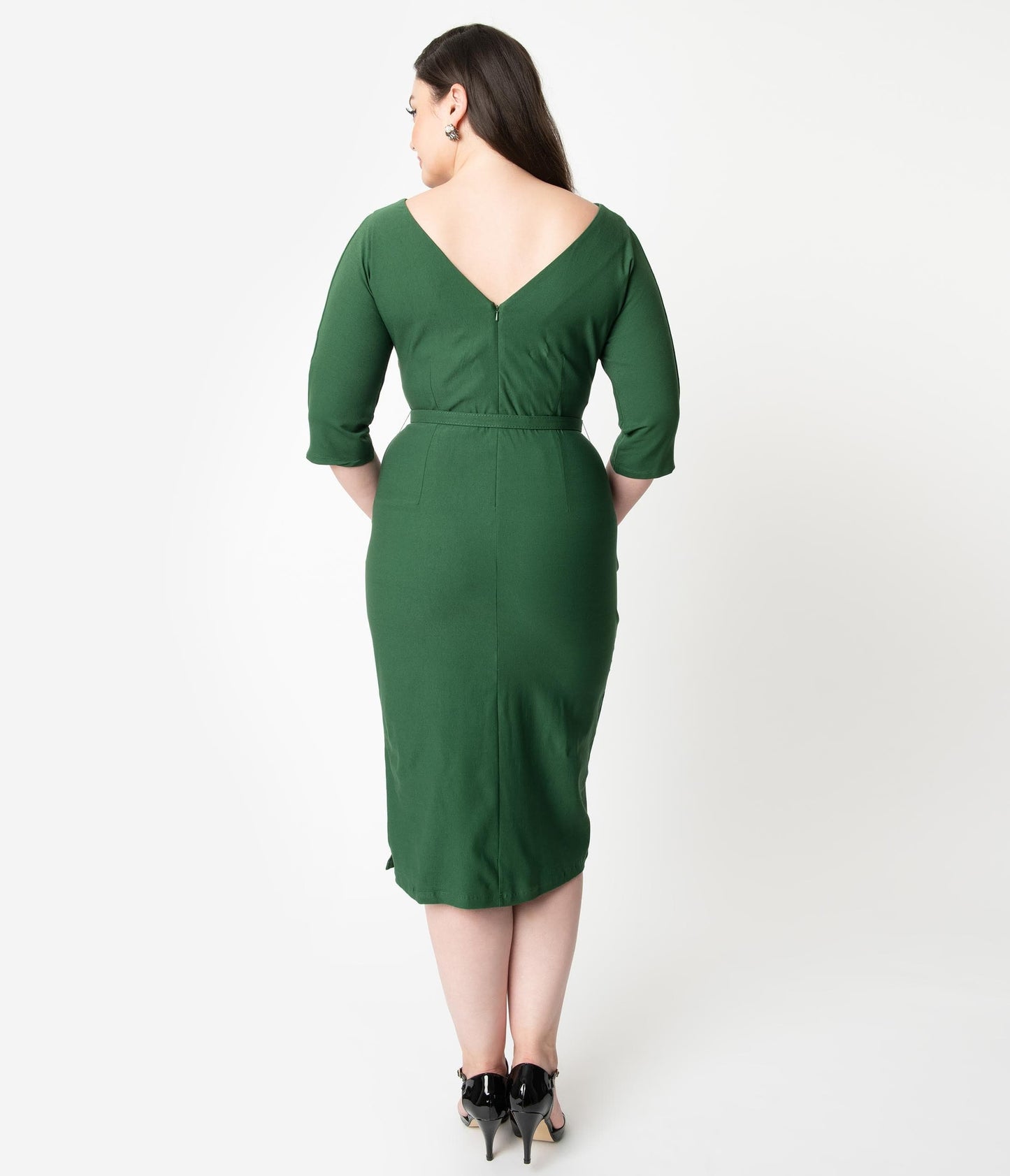 Unique Vintage Plus Size 1940s Style Green Stretch Sleeved Adelia Wiggle Dress