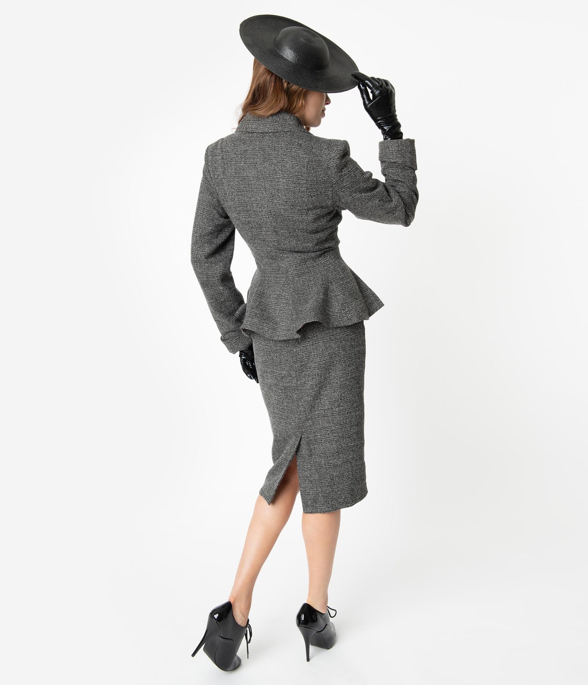 Micheline Pitt For Unique Vintage Grey Tweed Rachael Suit Wiggle Skirt