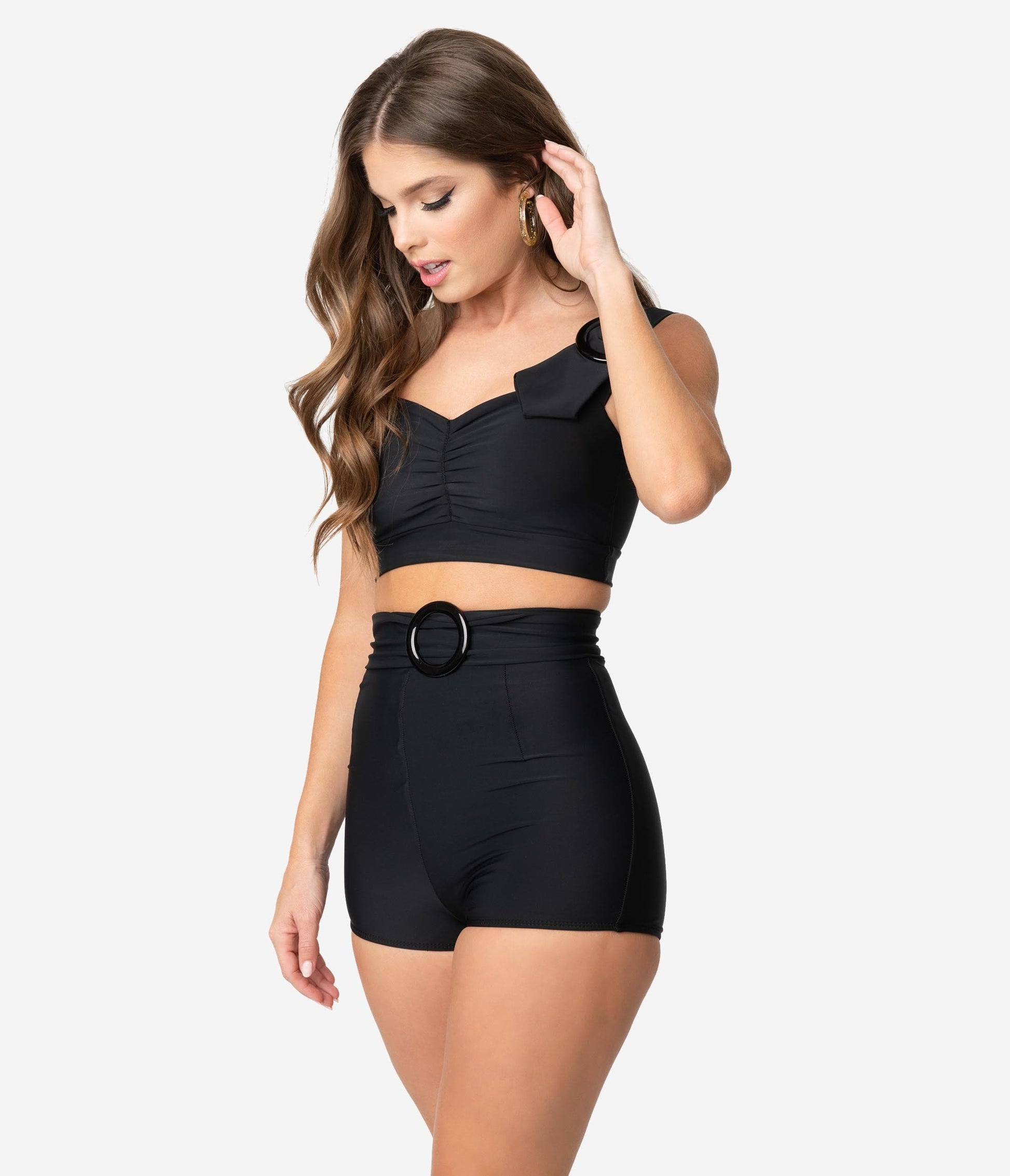 Retro Style Black Rounded Buckle High Waist Swim Shorts