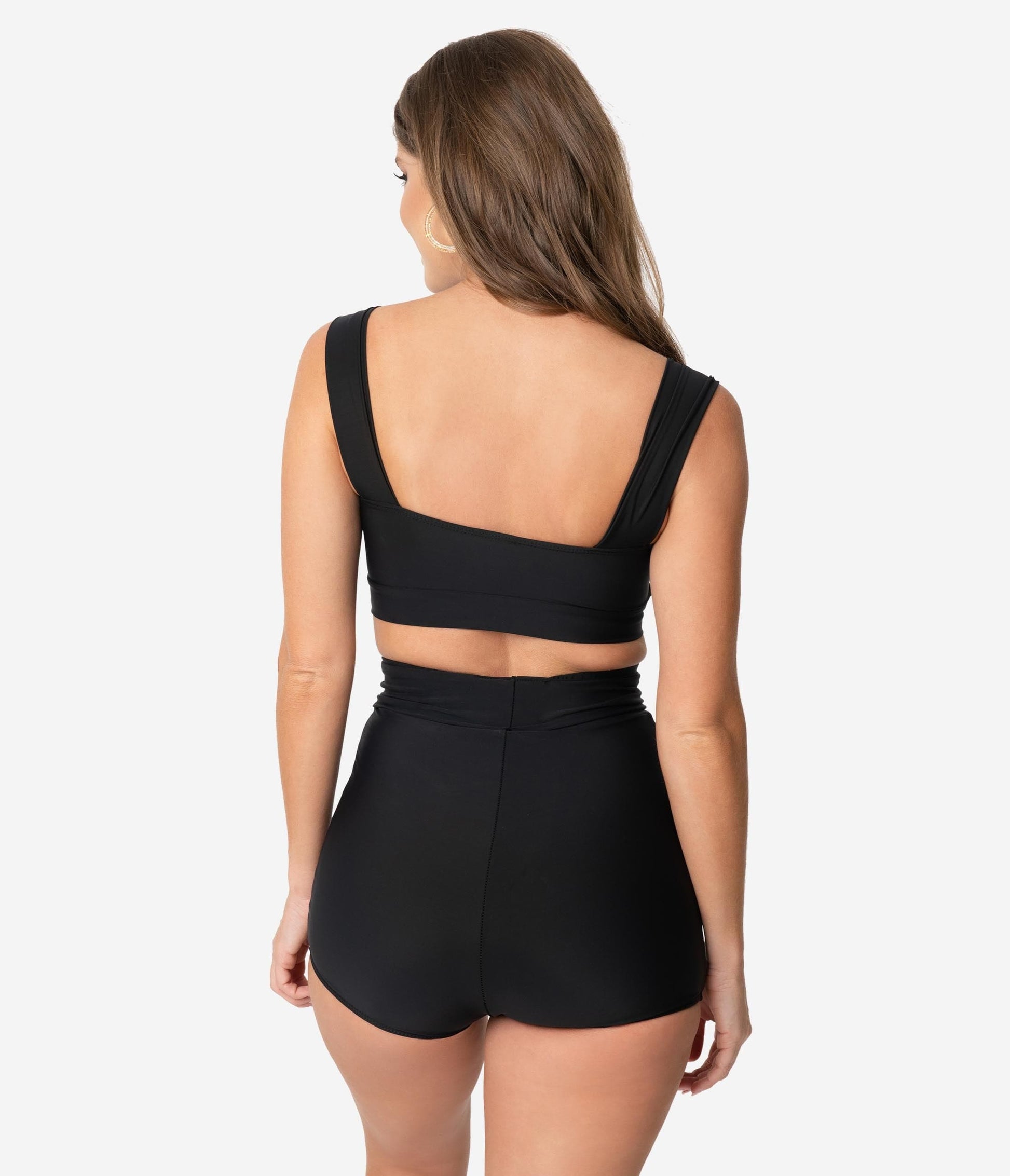 Retro Style Black Rounded Buckle High Waist Swim Shorts