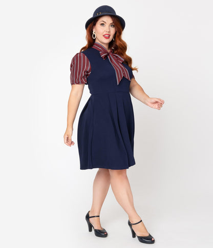 Smak Parlour Plus Size 1960s Navy Blue & Burgundy Stripe Sleeve Fit & Flare Dress