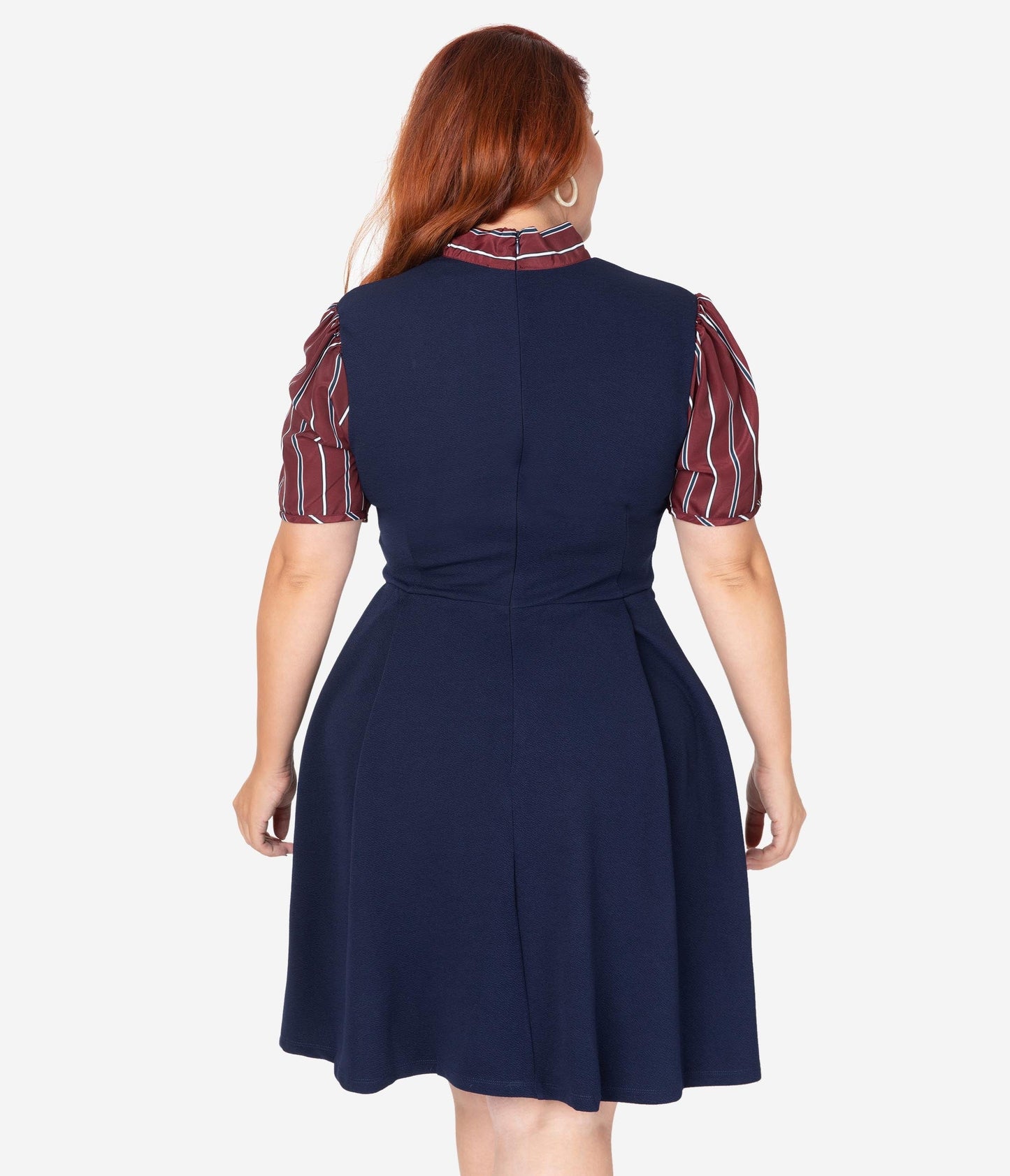 Smak Parlour Plus Size 1960s Navy Blue & Burgundy Stripe Sleeve Fit & Flare Dress