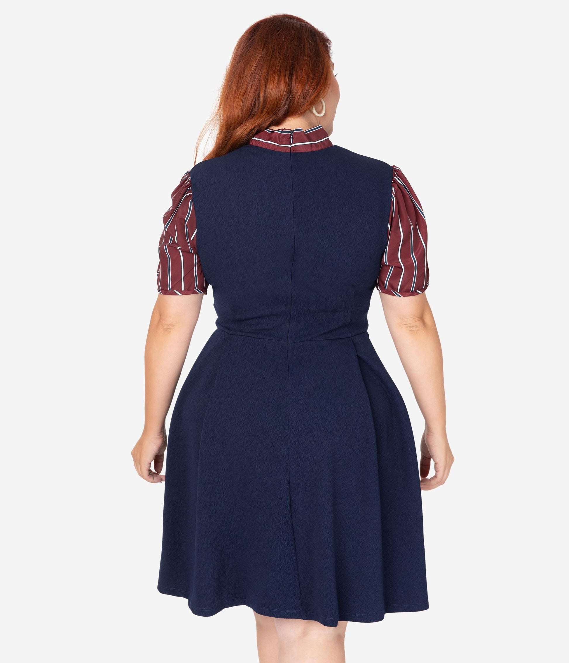 Smak Parlour Plus Size 1960s Navy Blue & Burgundy Stripe Sleeve Fit & Flare Dress