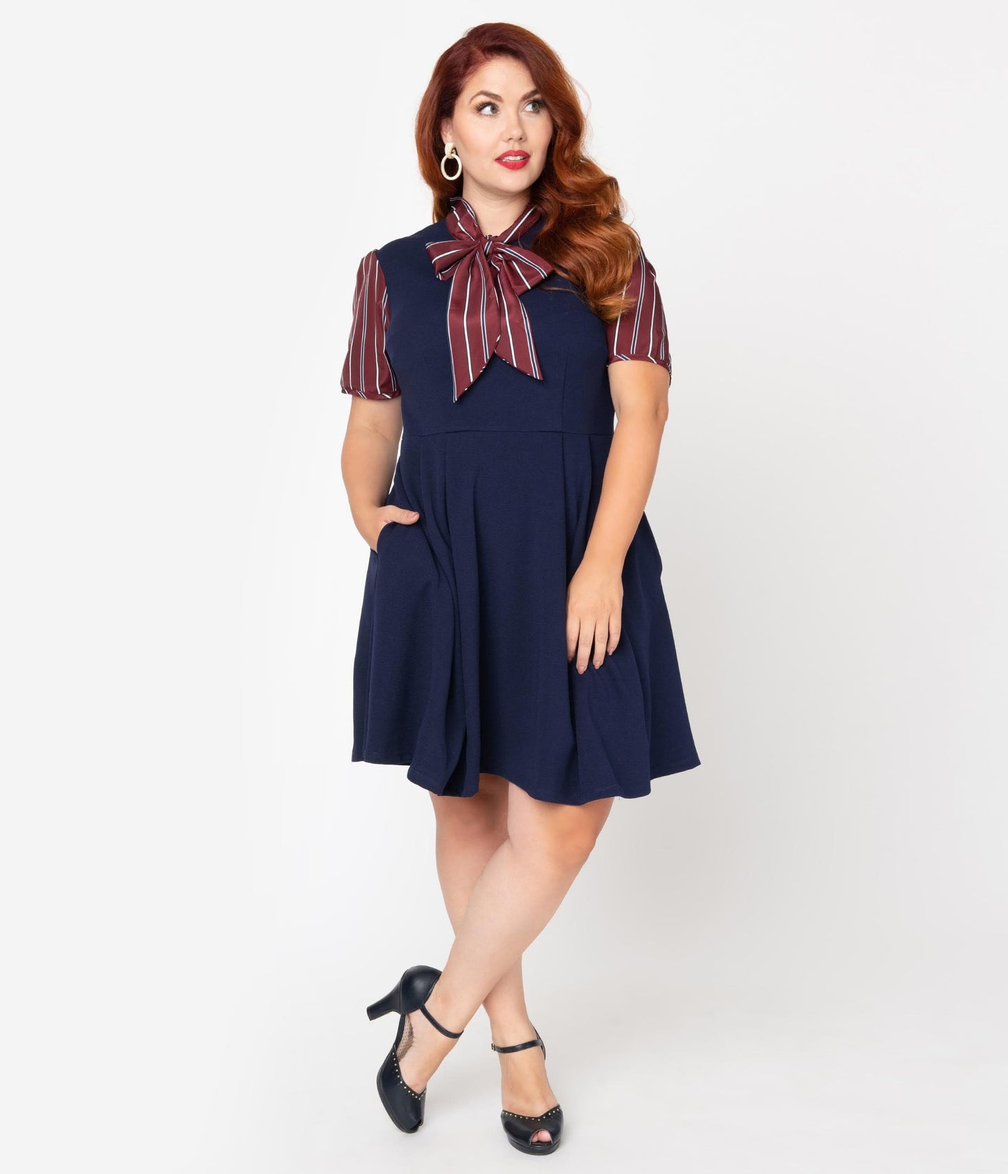 Smak Parlour Plus Size 1960s Navy Blue & Burgundy Stripe Sleeve Fit & Flare Dress