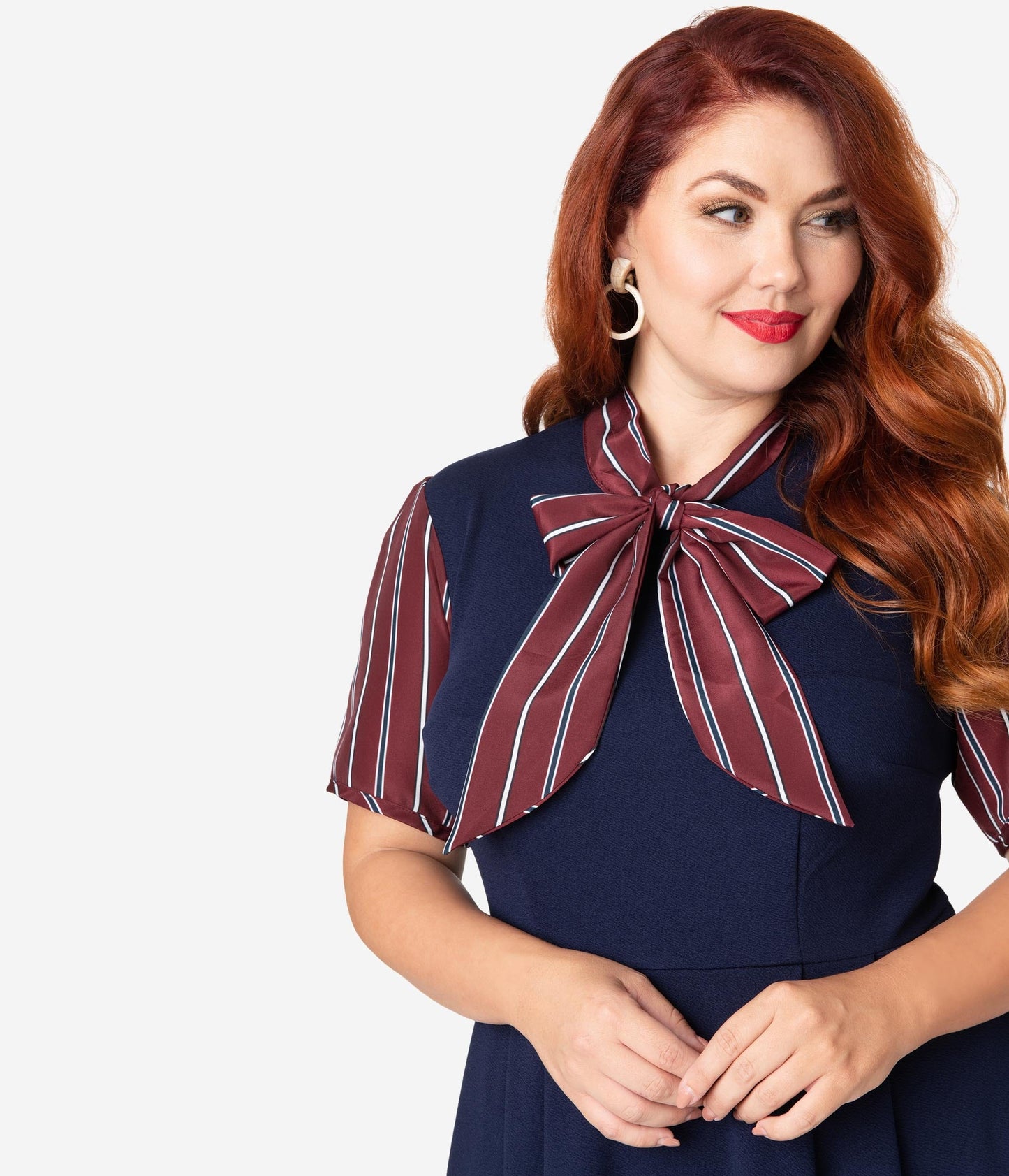 Smak Parlour Plus Size 1960s Navy Blue & Burgundy Stripe Sleeve Fit & Flare Dress