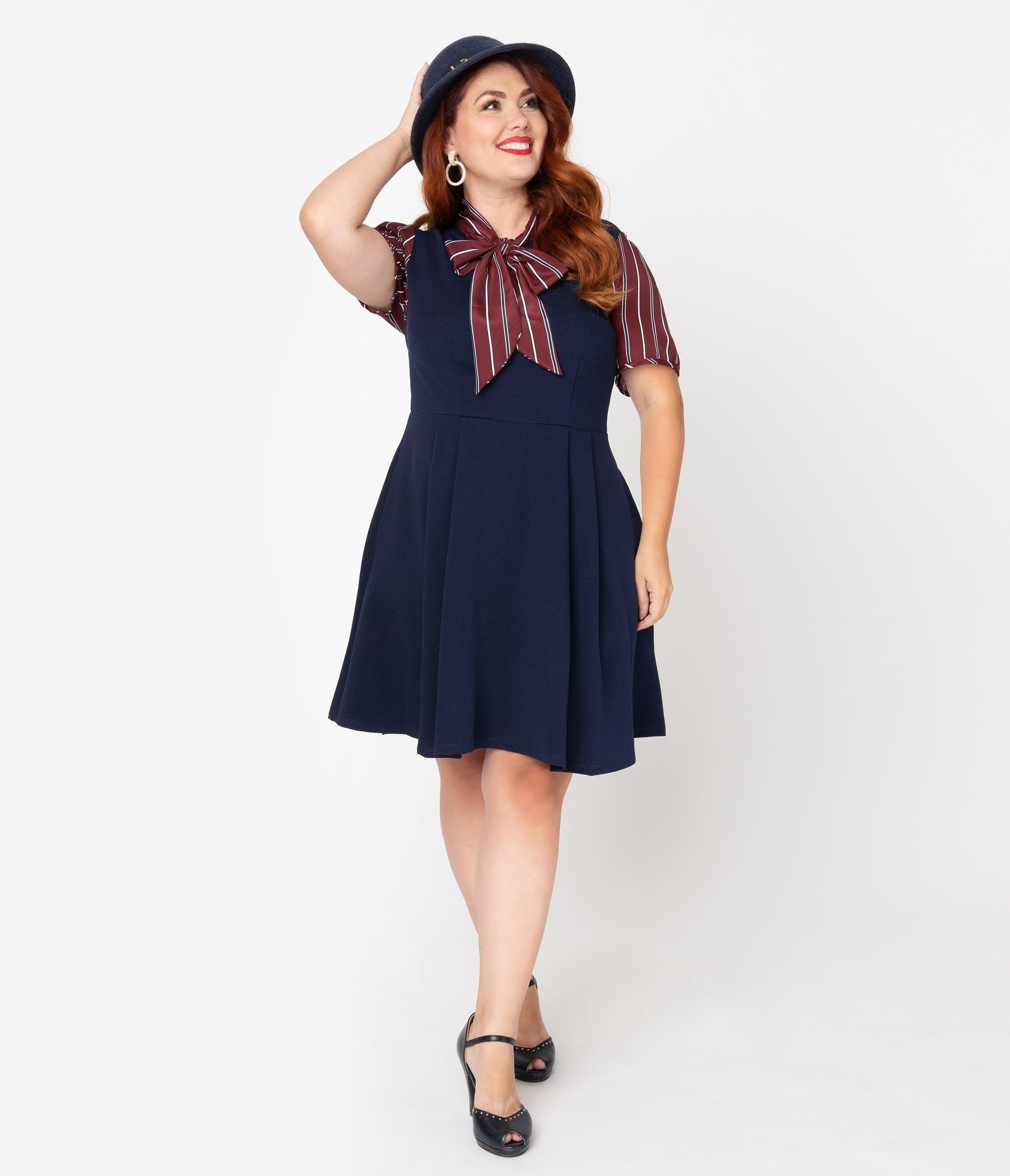 Smak Parlour Plus Size 1960s Navy Blue & Burgundy Stripe Sleeve Fit & Flare Dress
