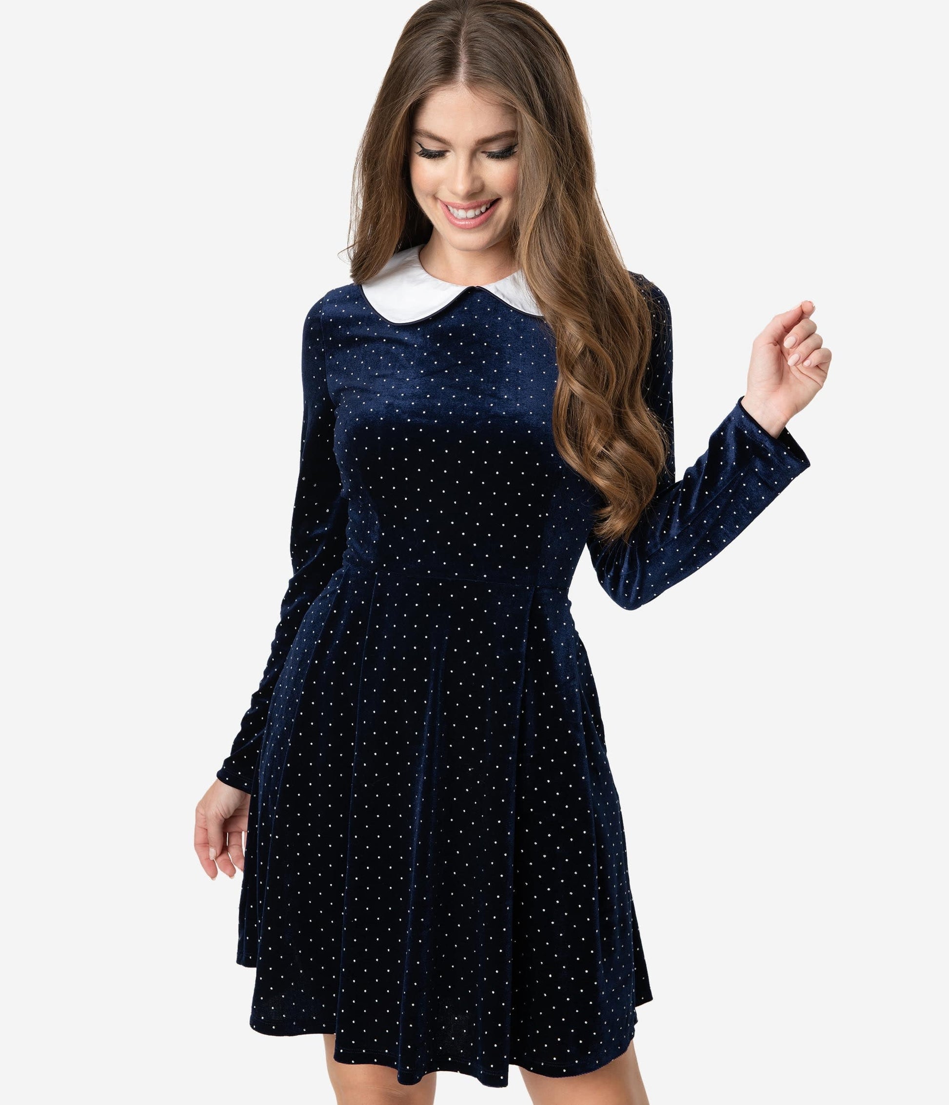 Smak Parlour Navy Velvet & Silver Pin Dot White Collar Jet Set Fit & Flare Dress