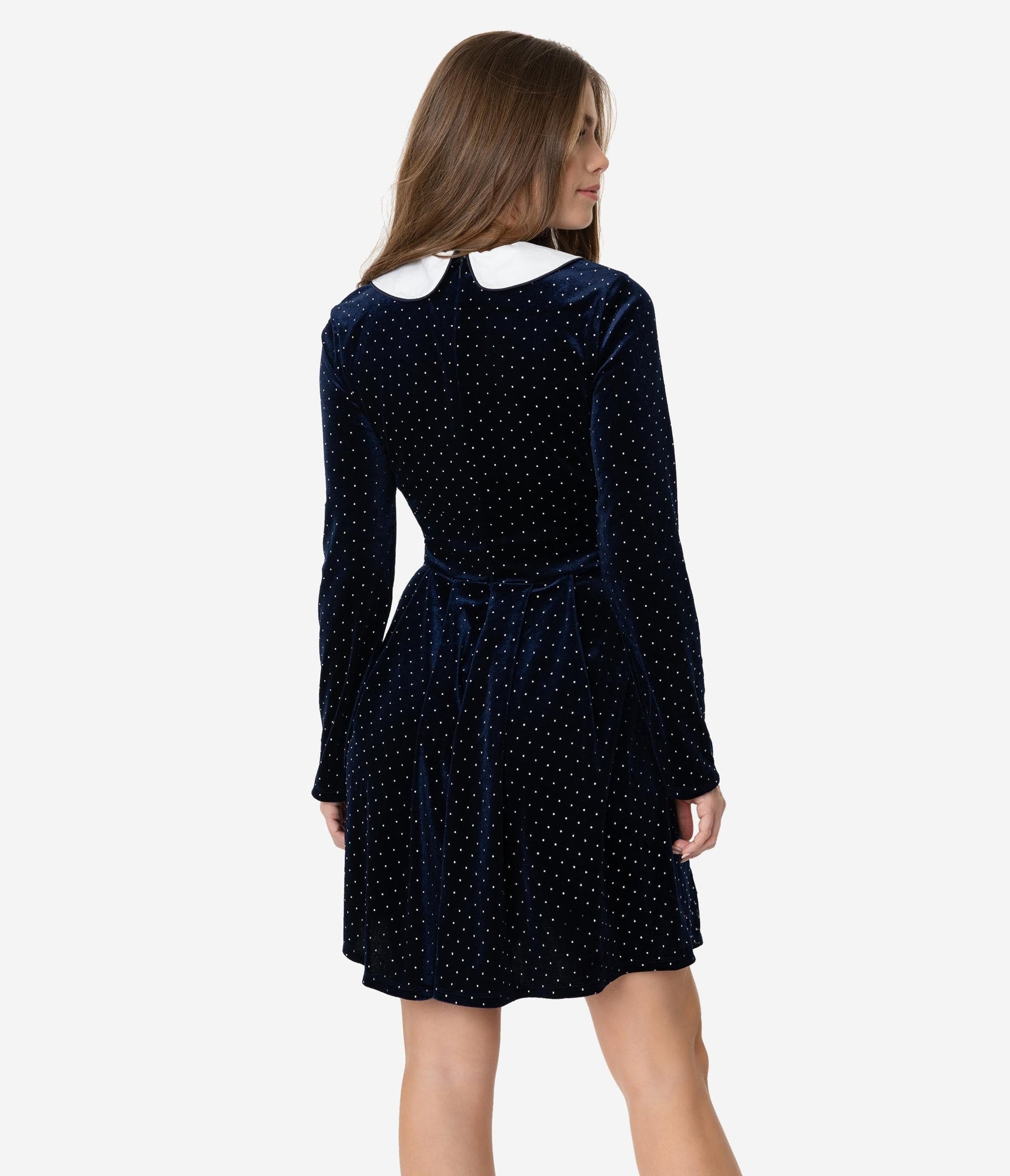 Smak Parlour Navy Velvet & Silver Pin Dot White Collar Jet Set Fit & Flare Dress