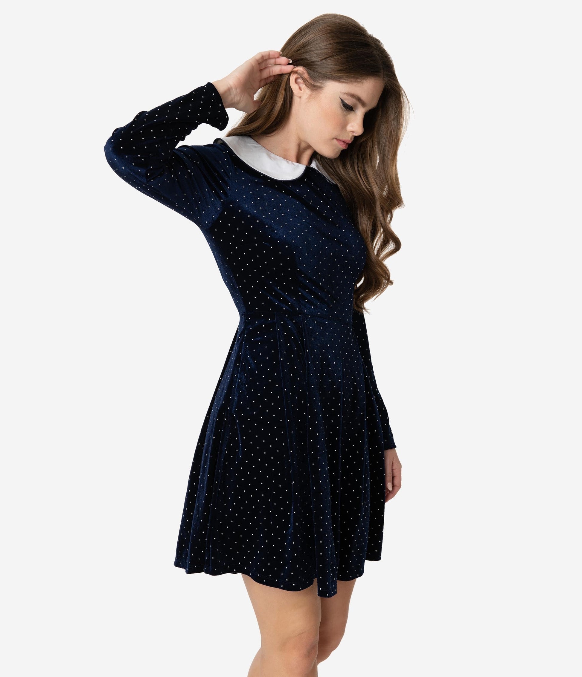 Smak Parlour Navy Velvet & Silver Pin Dot White Collar Jet Set Fit & Flare Dress
