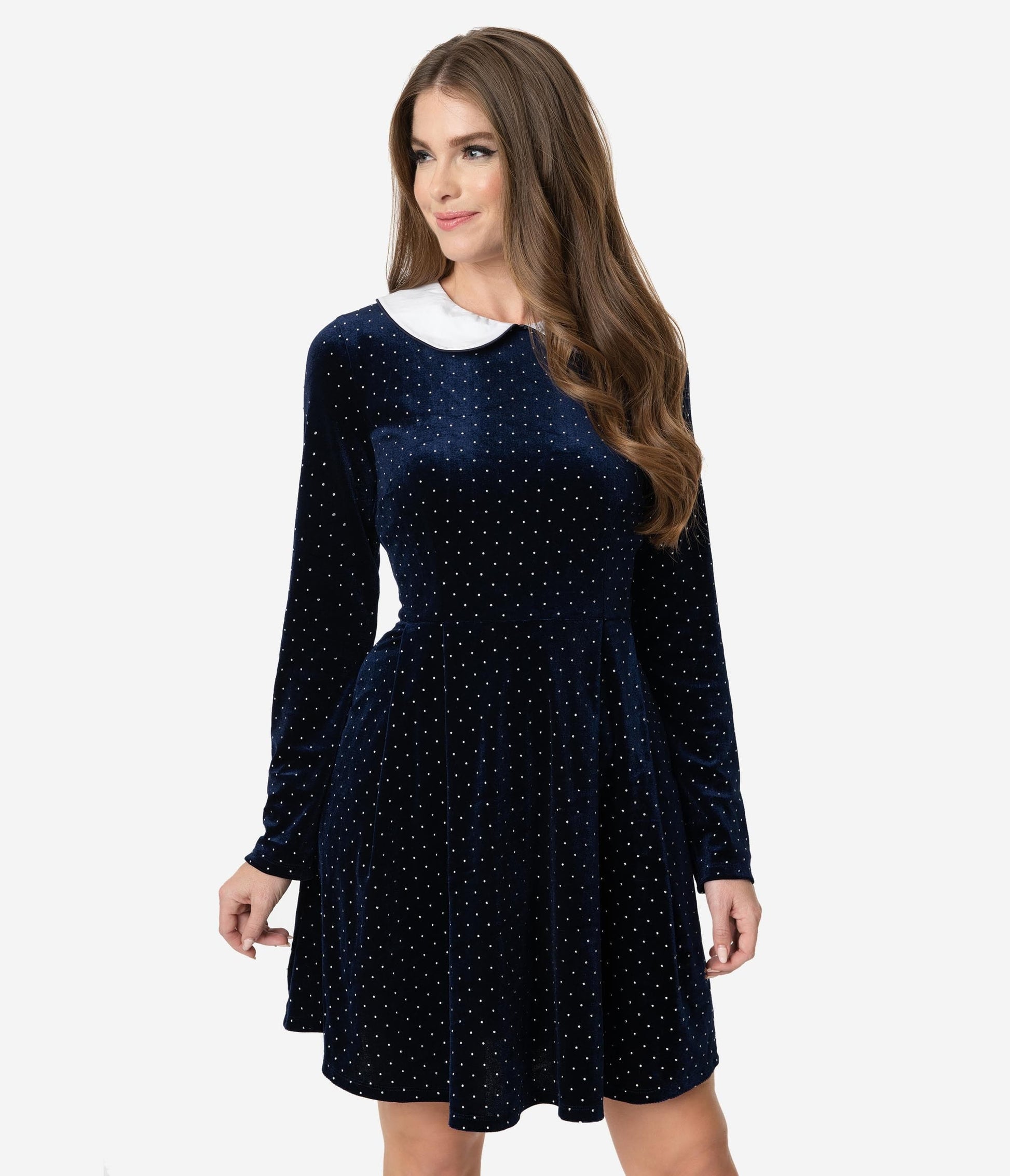 Smak Parlour Navy Velvet & Silver Pin Dot White Collar Jet Set Fit & Flare Dress