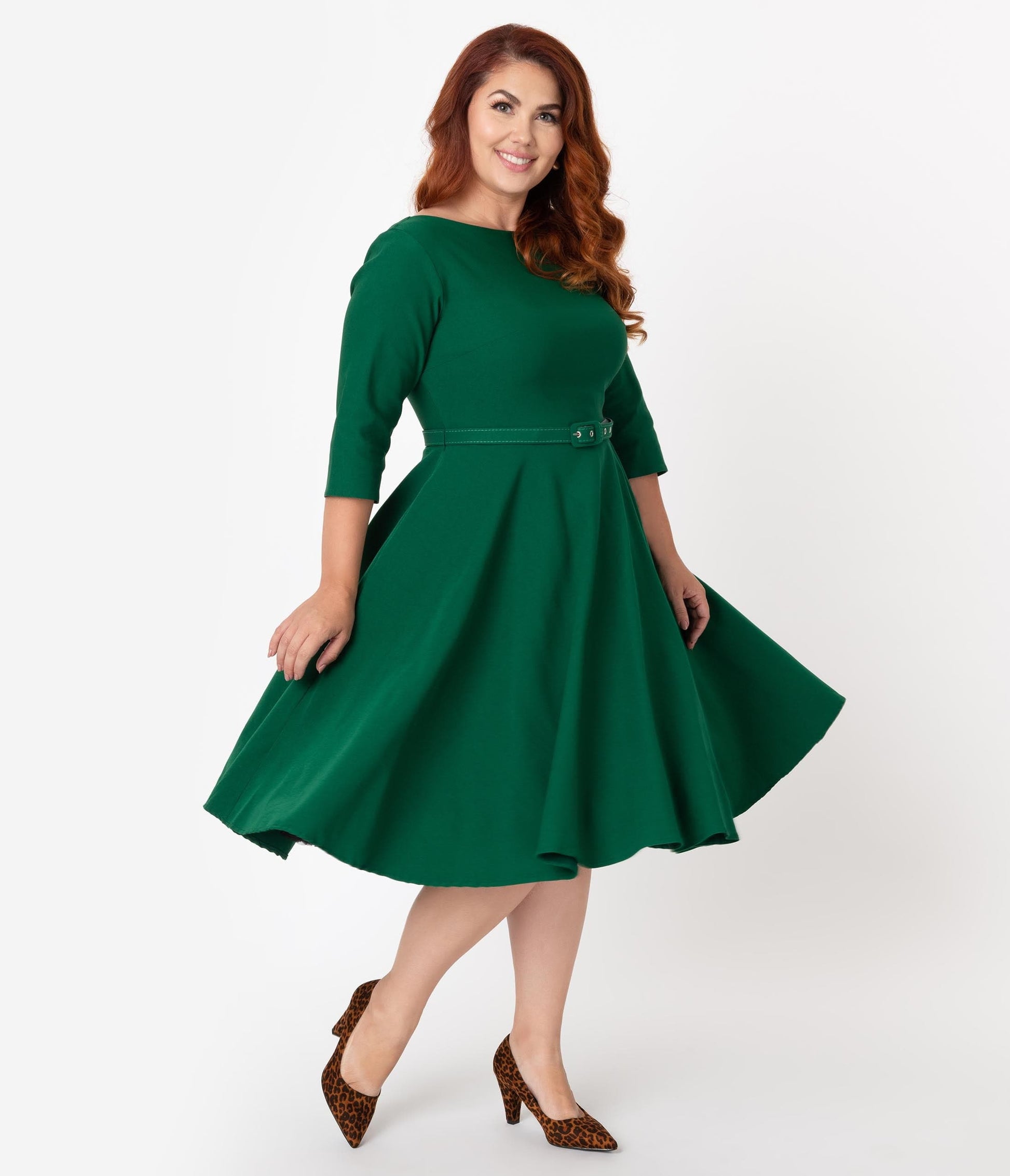 Unique Vintage Plus Size 1950s Style Emerald Green Stretch Sleeved Devon Swing Dress