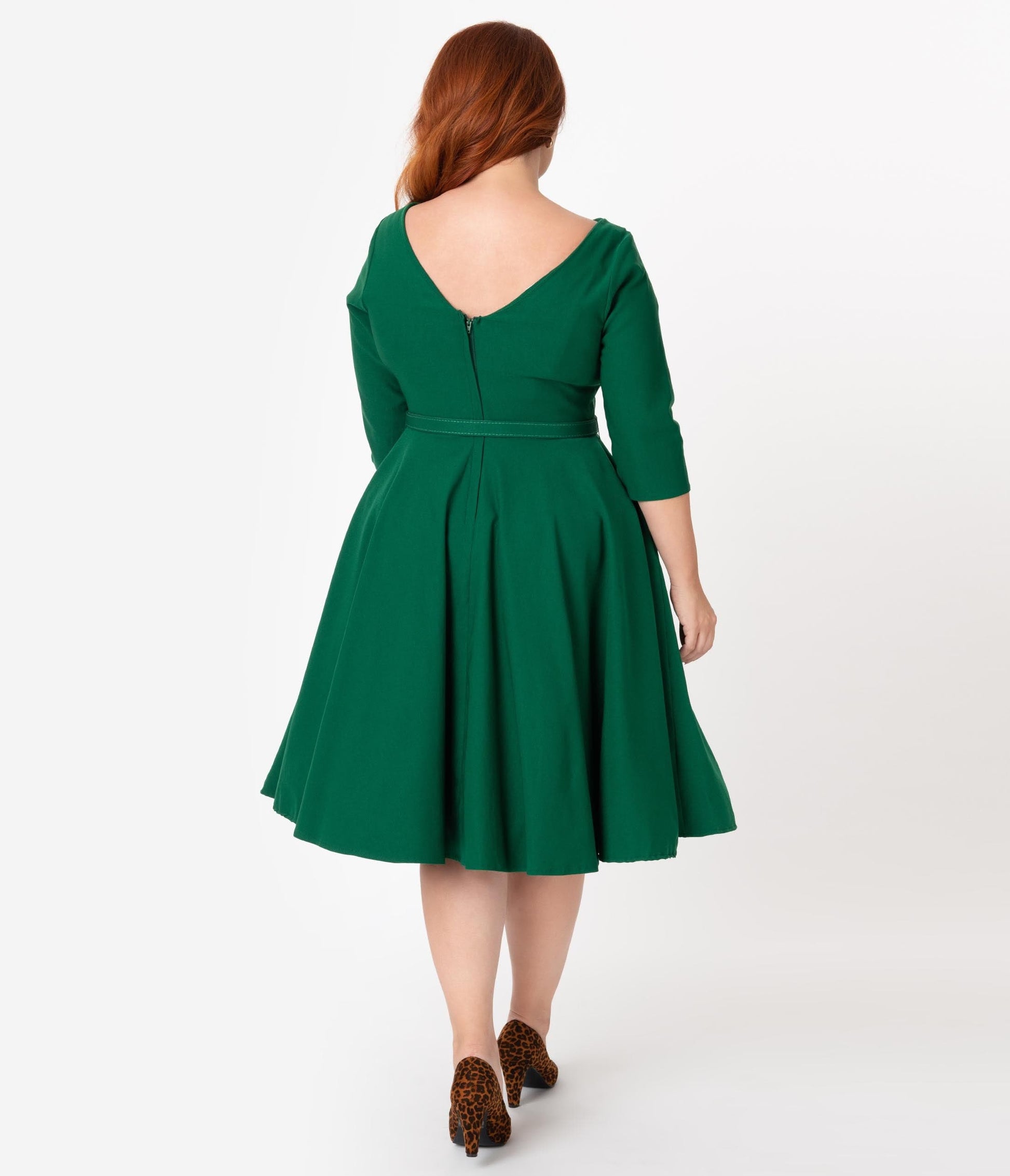 Unique Vintage Plus Size 1950s Style Emerald Green Stretch Sleeved Devon Swing Dress