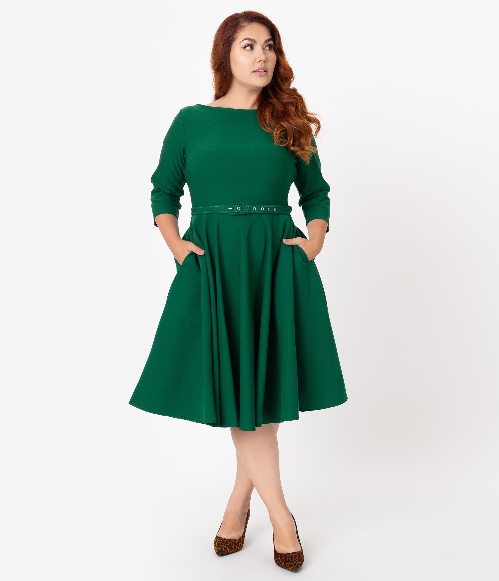 Unique Vintage Plus Size 1950s Style Emerald Green Stretch Sleeved Devon Swing Dress