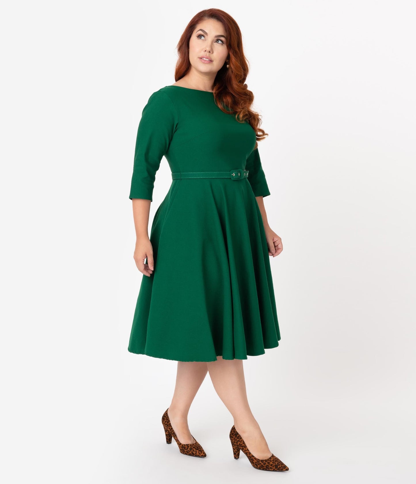 Unique Vintage Plus Size 1950s Style Emerald Green Stretch Sleeved Devon Swing Dress