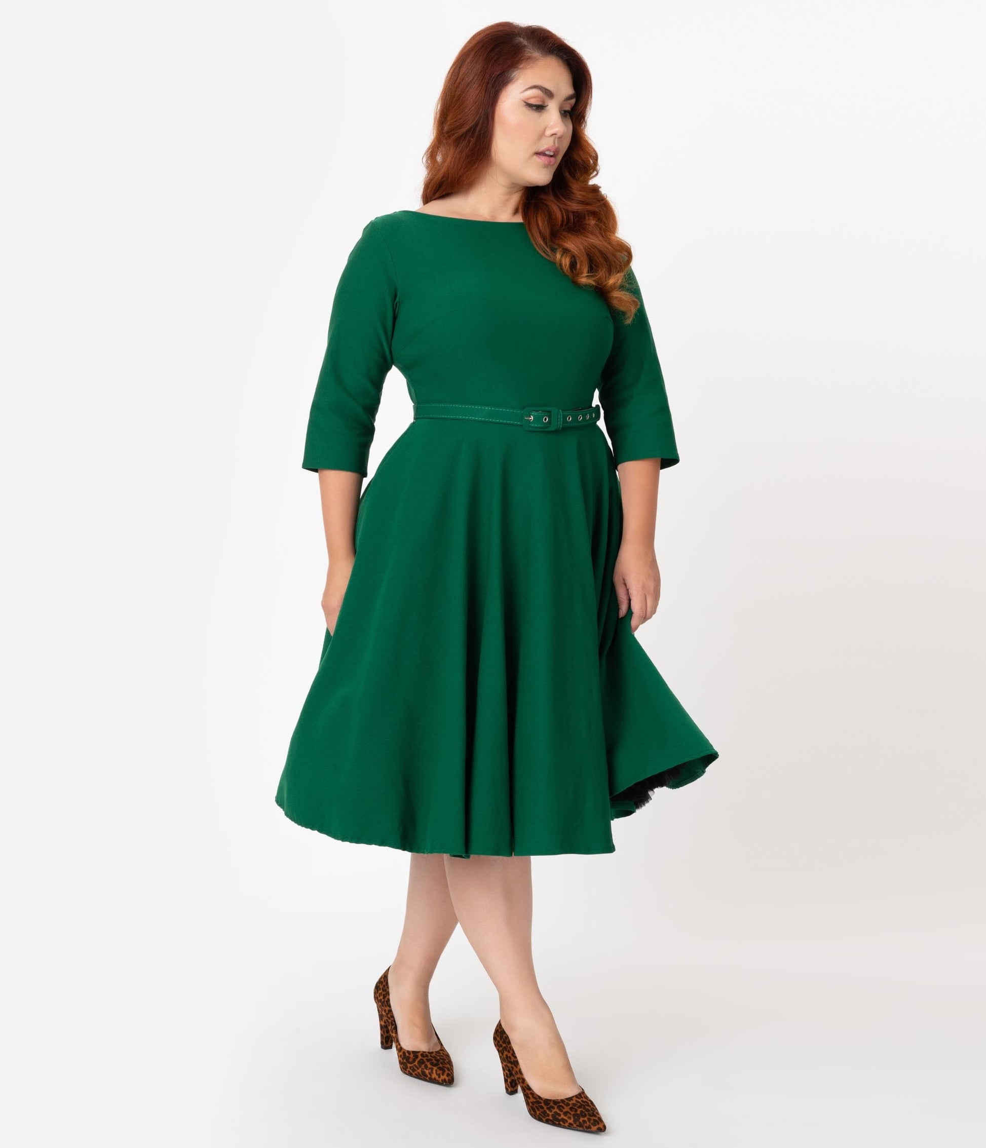 Unique Vintage Plus Size 1950s Style Emerald Green Stretch Sleeved Devon Swing Dress