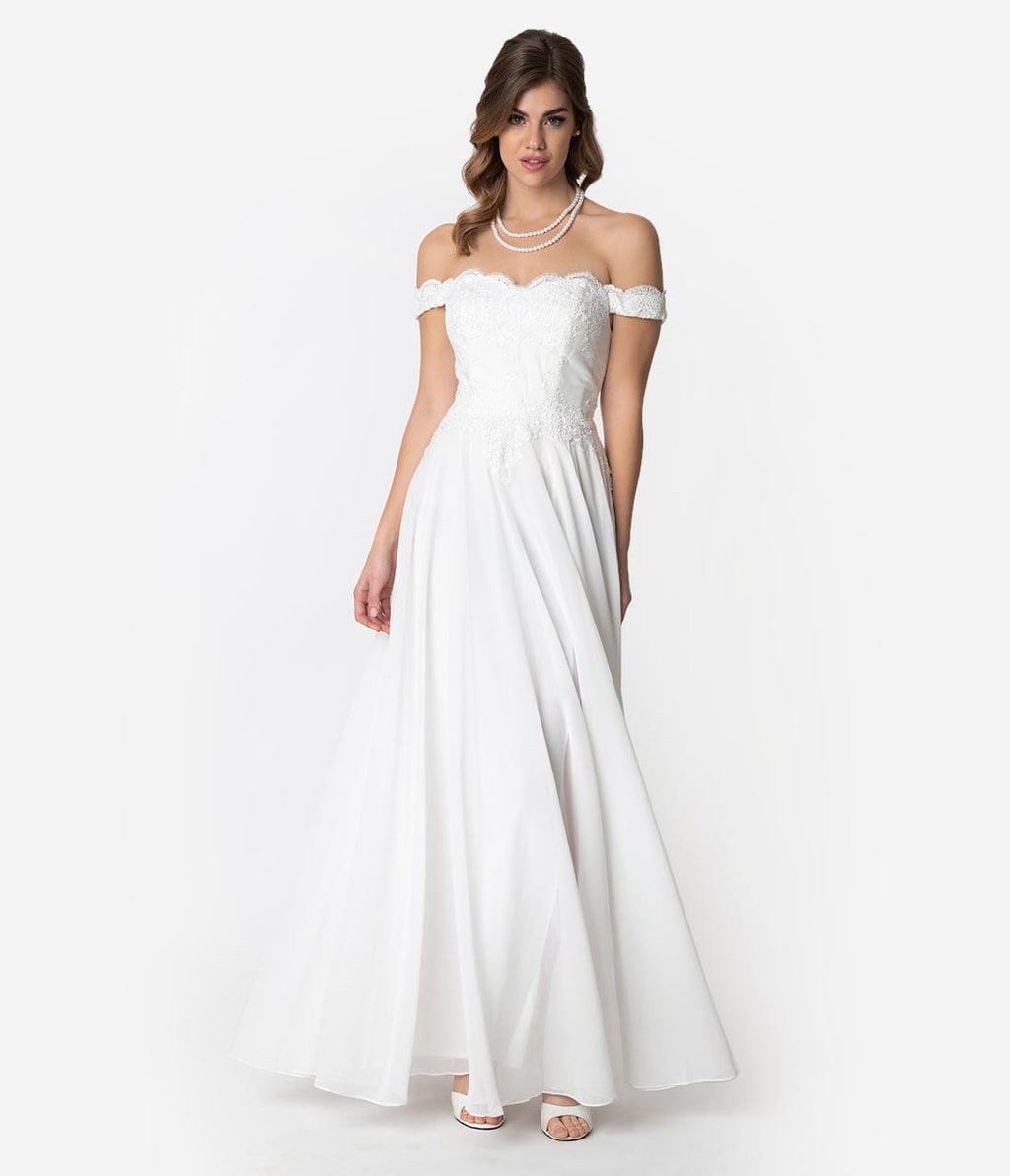 Off White Lace Off The Shoulder Chiffon Wedding Gown