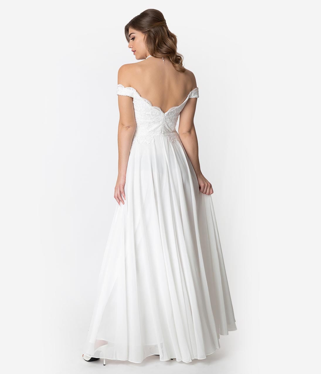 Off White Lace Off The Shoulder Chiffon Wedding Gown