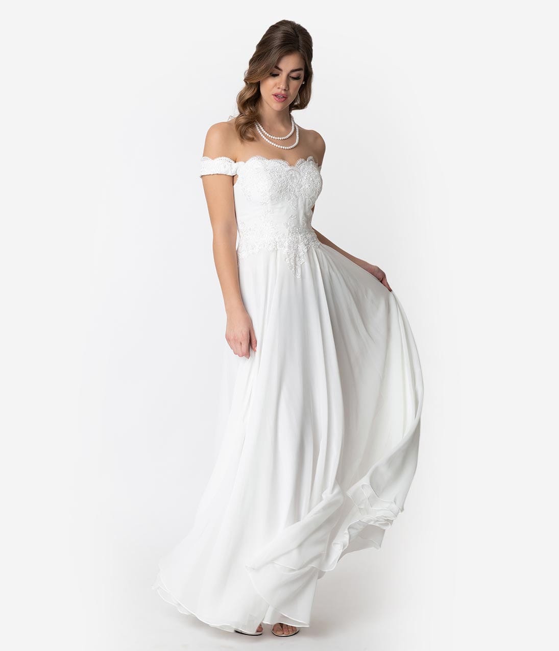 Off White Lace Off The Shoulder Chiffon Wedding Gown