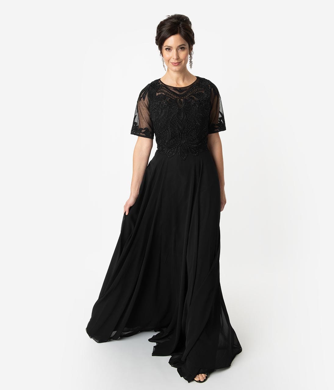 Black Chiffon Embellished Short Sleeve Modest Long Dress