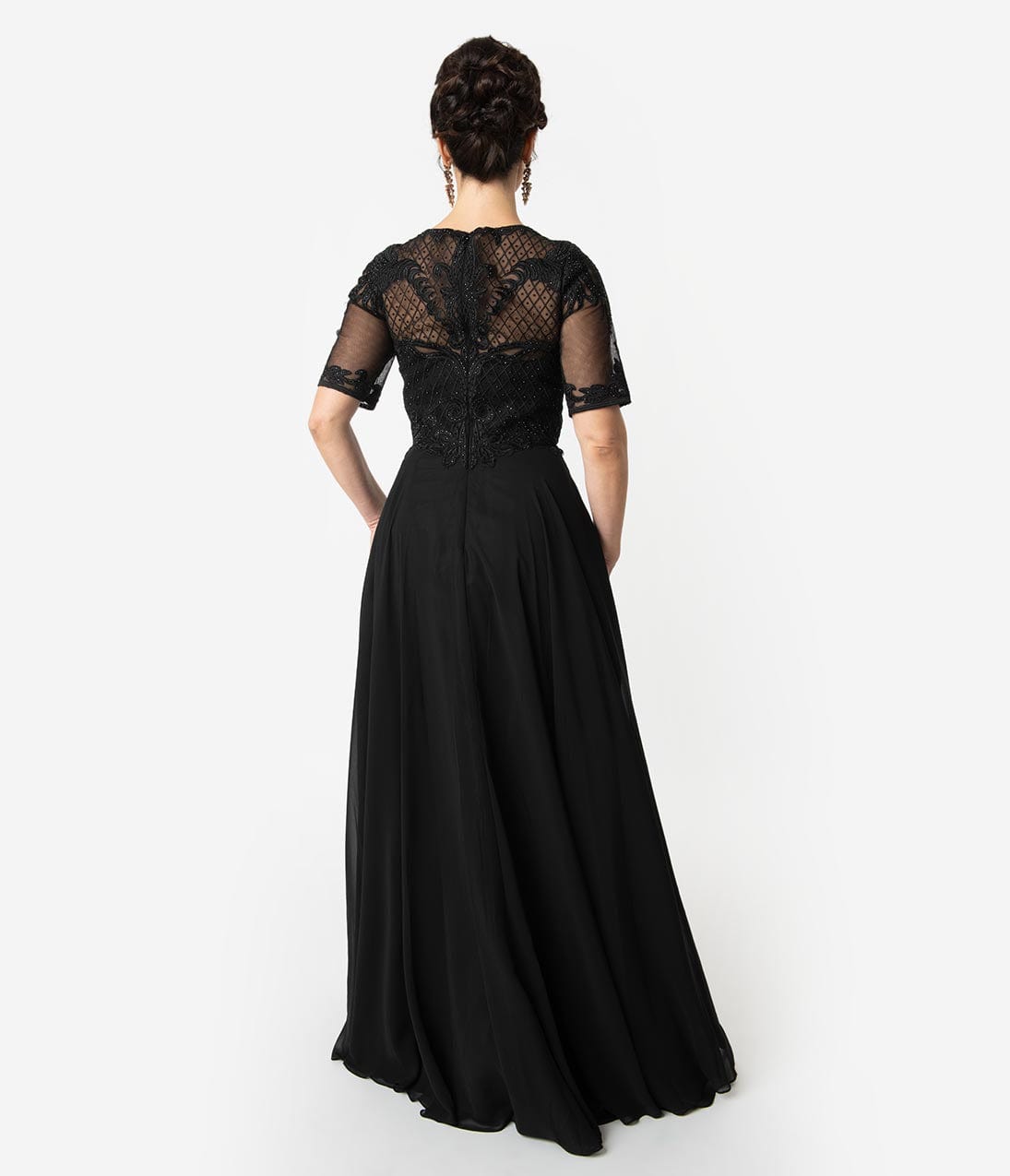 Black Chiffon Embellished Short Sleeve Modest Long Dress